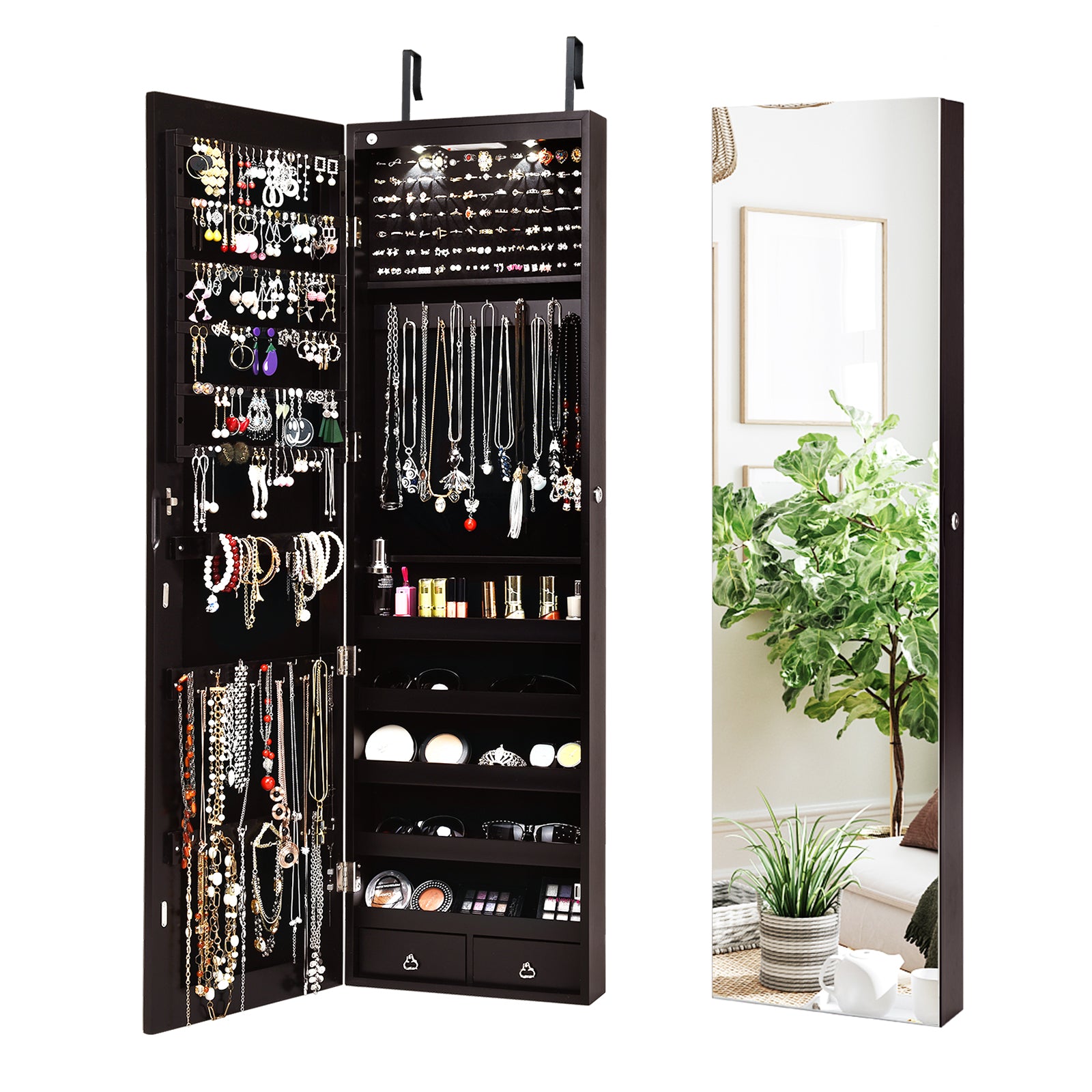 Wall And Door Mounted Mirrored Jewelry Cabinet With Lights, Brown Jewelry Armoires at Gallery Canada