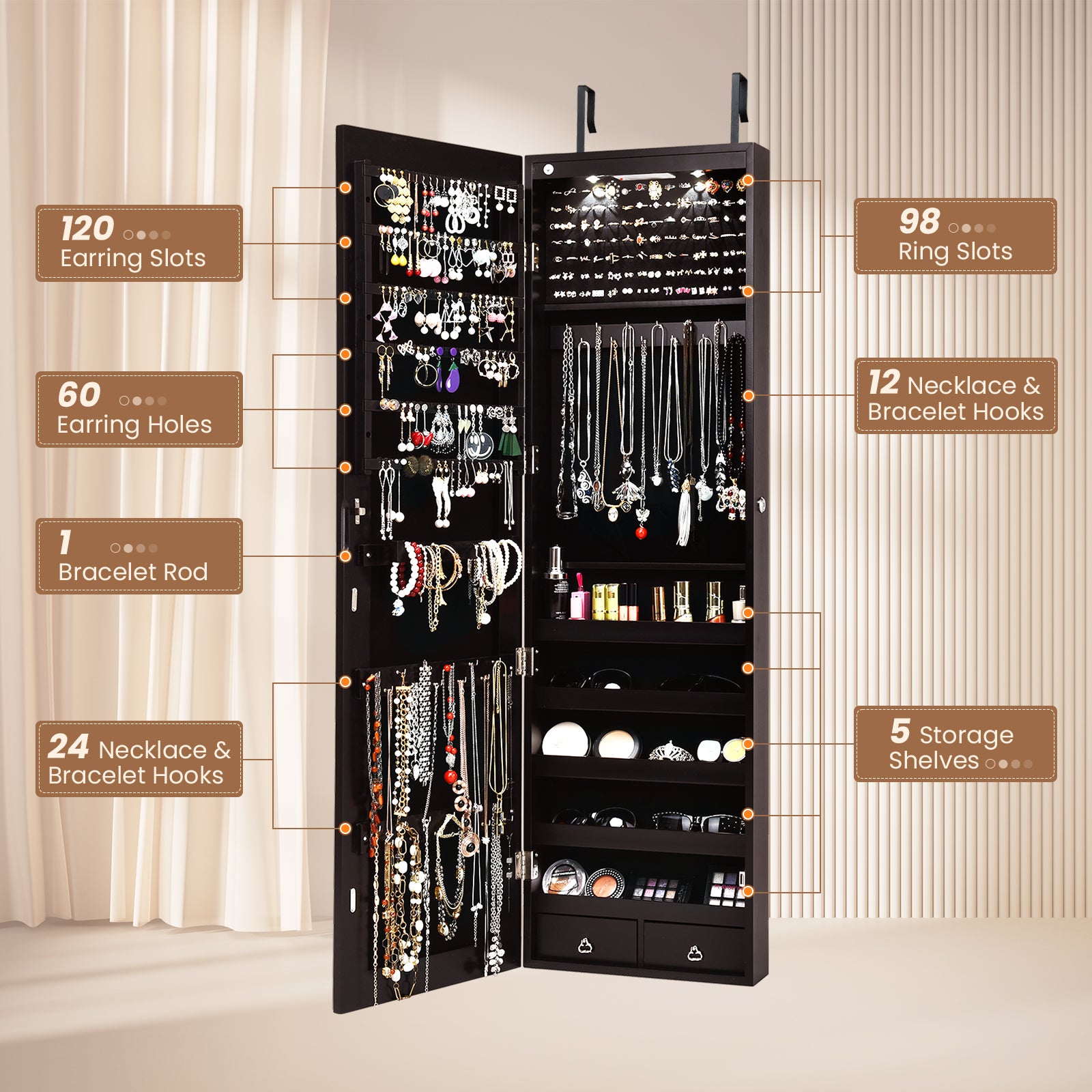 Wall And Door Mounted Mirrored Jewelry Cabinet With Lights, Brown Jewelry Armoires at Gallery Canada