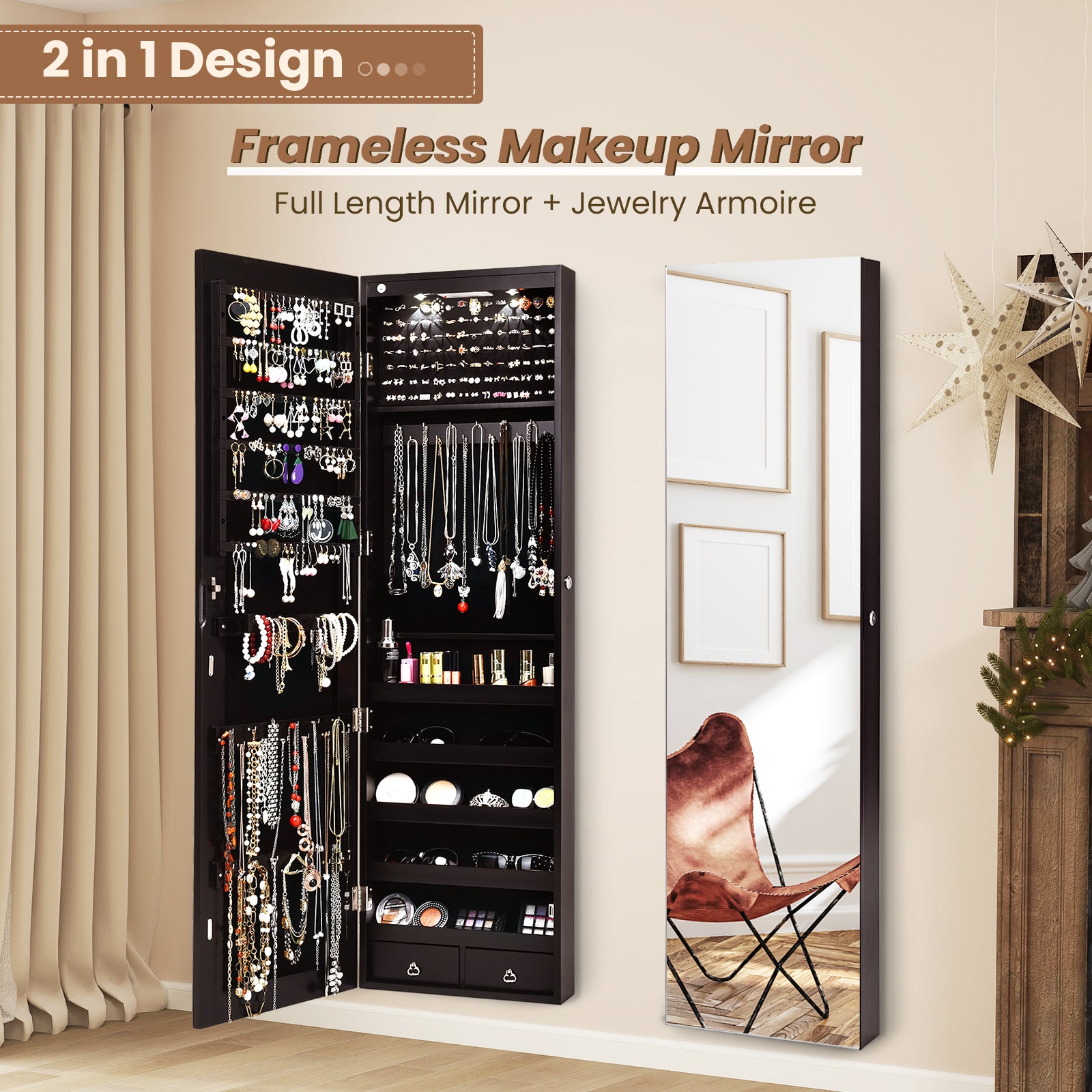 Wall And Door Mounted Mirrored Jewelry Cabinet With Lights, Brown Jewelry Armoires at Gallery Canada