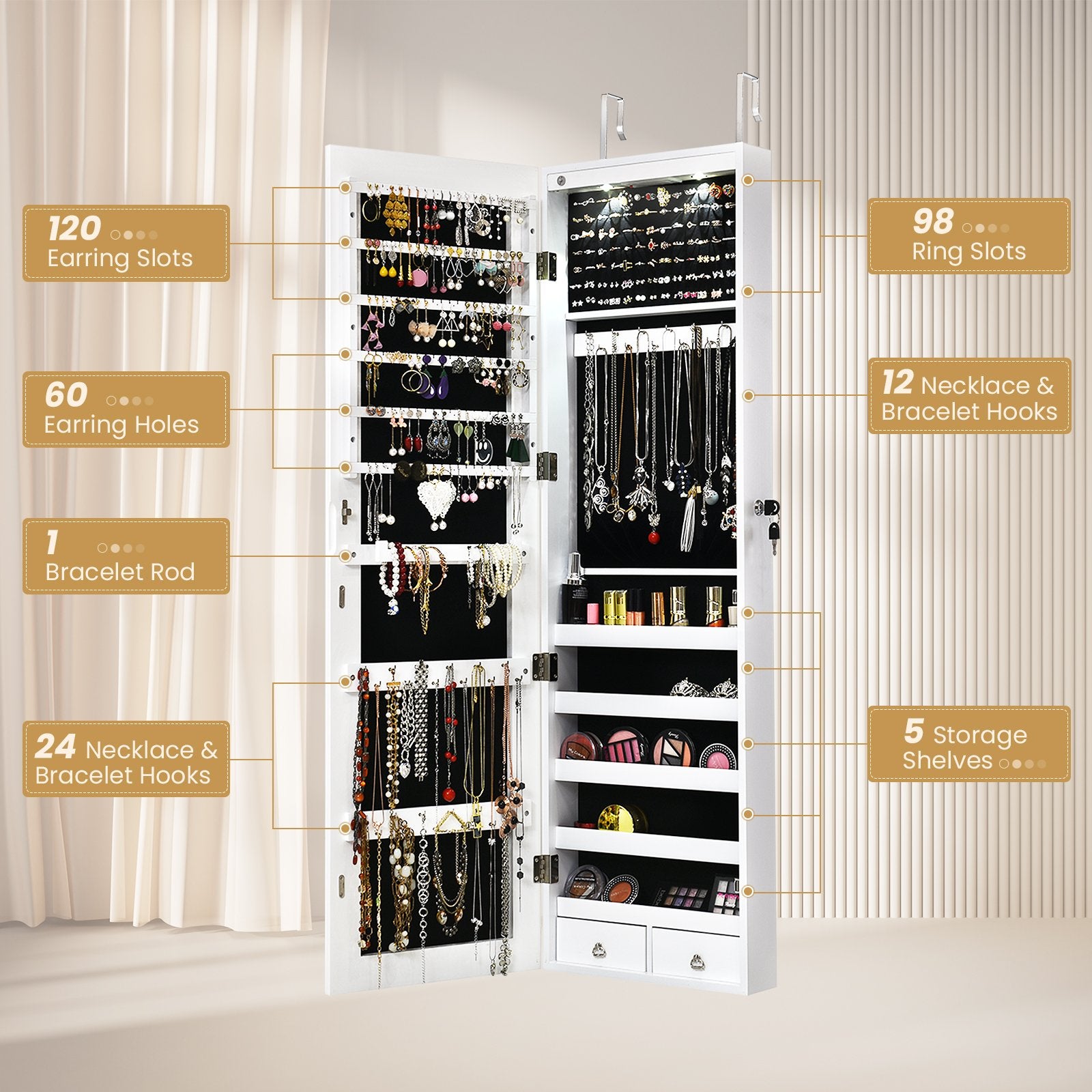 Wall and Door Mounted Mirrored Jewelry Cabinet With Lights, White Jewelry Armoires at Gallery Canada