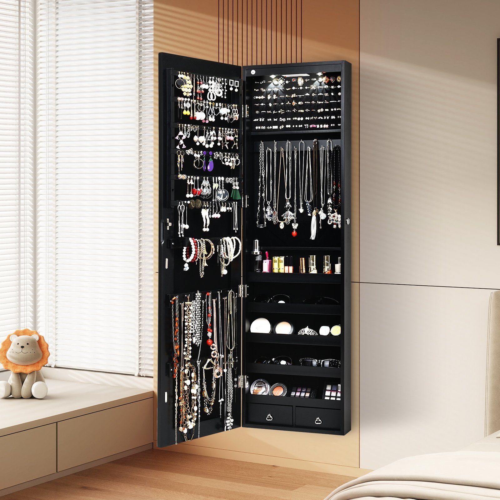 Wall And Door Mounted Mirrored Jewelry Cabinet With Lights, Black Jewelry Armoires at Gallery Canada
