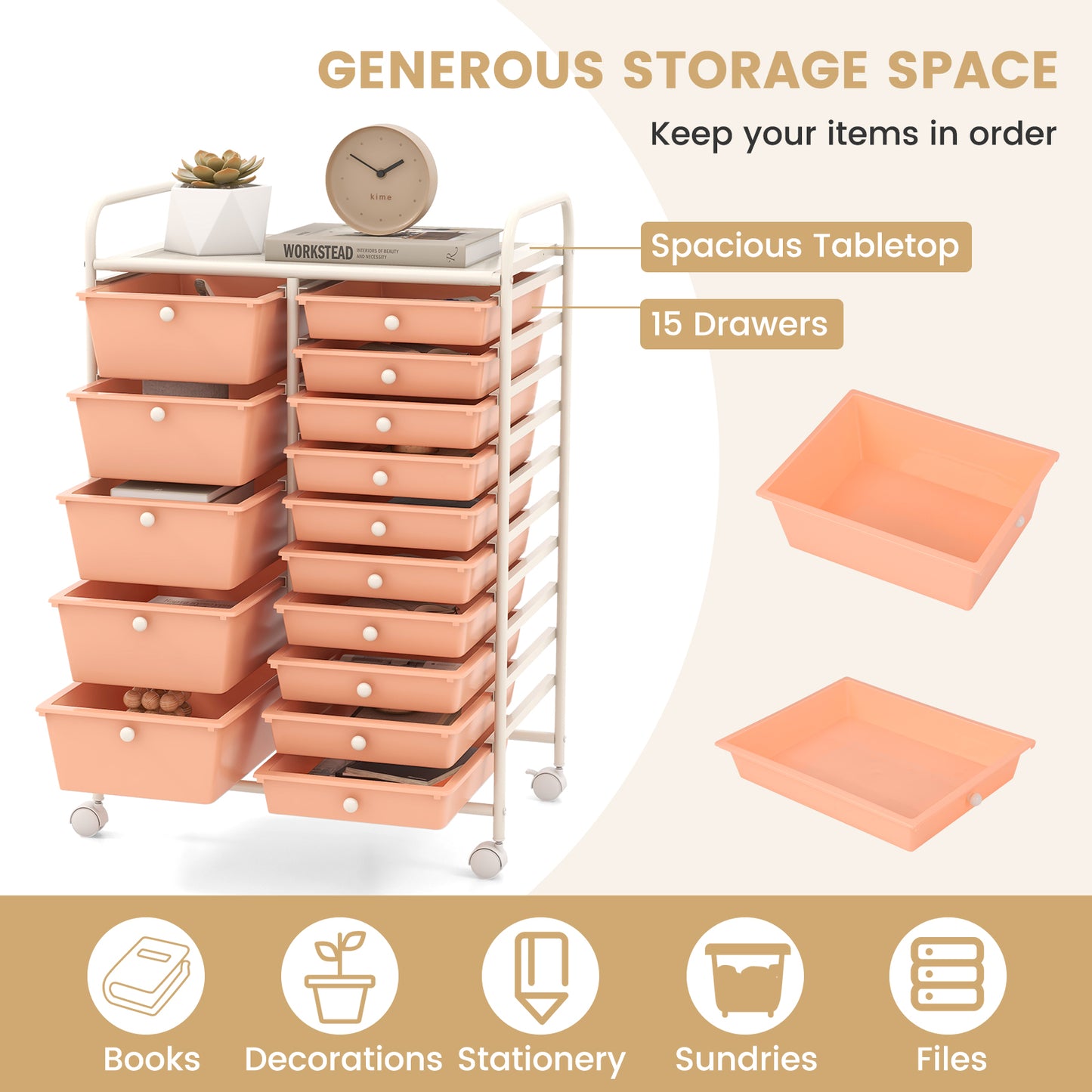 15-Drawer Utility Rolling Organizer Cart Multi-Use Storage, Peach File Cabinets   at Gallery Canada