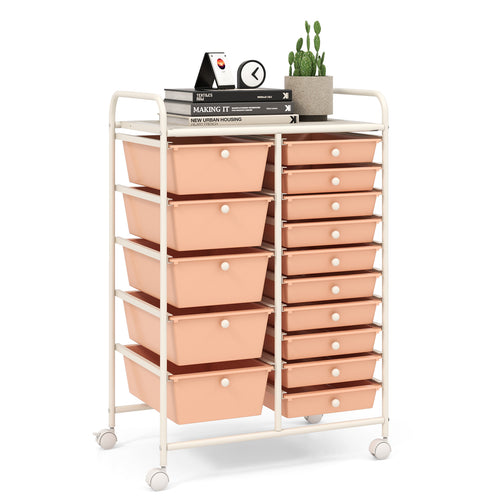 15-Drawer Utility Rolling Organizer Cart Multi-Use Storage, Peach