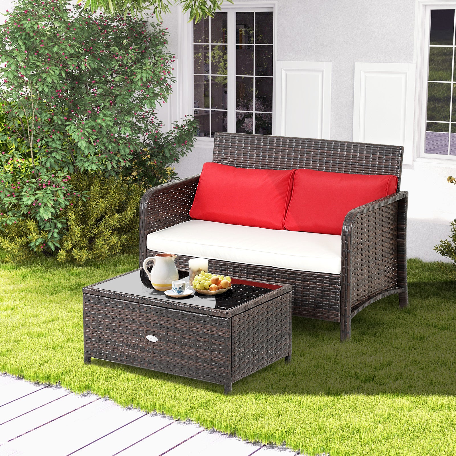 2 Pieces Cushioned Patio Rattan Furniture Set, Brown Patio Conversation Sets at Gallery Canada