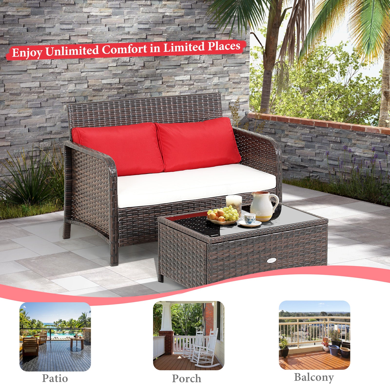 2 Pieces Cushioned Patio Rattan Furniture Set, Brown Patio Conversation Sets at Gallery Canada