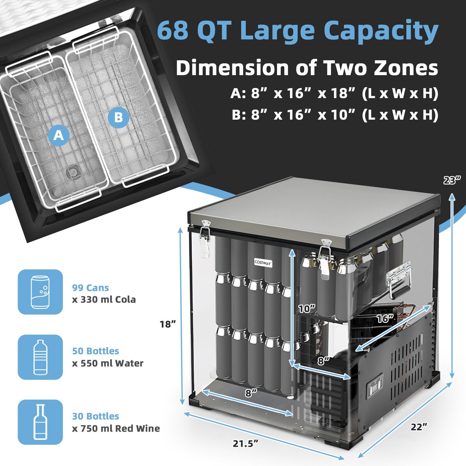 68 Quart Portable Car Refrigerator with DC and AC Adapter, Gray Coolers at Gallery Canada