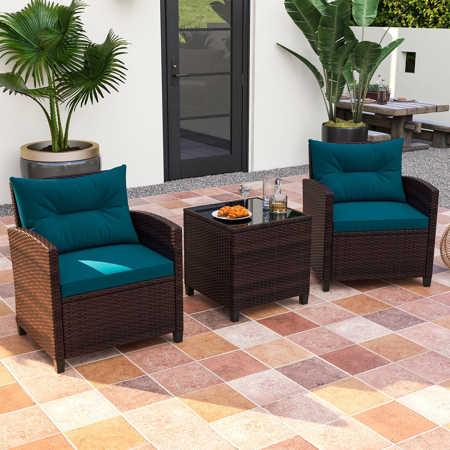 3 Pieces Rattan Patio Furniture Set with Washable Cushion, Peacock Blue Patio Conversation Sets   at Gallery Canada