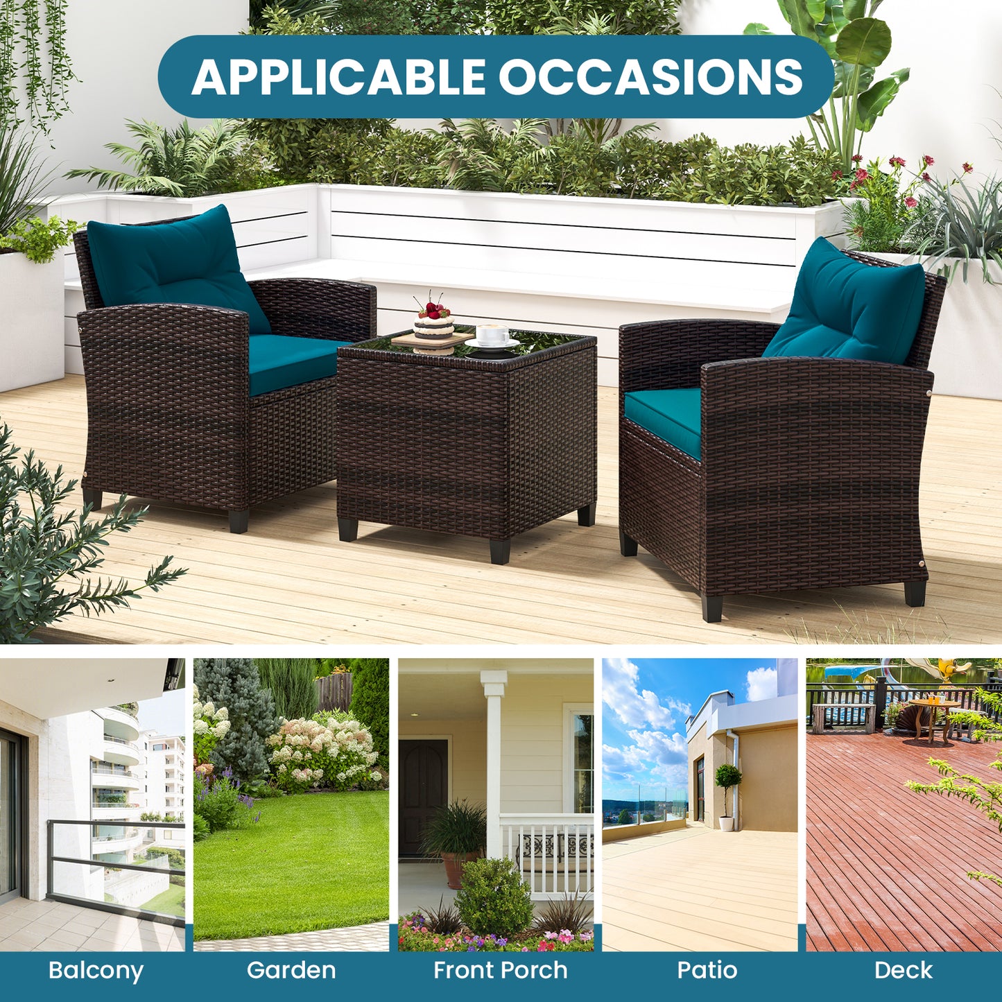 3 Pieces Rattan Patio Furniture Set with Washable Cushion, Peacock Blue Patio Conversation Sets   at Gallery Canada