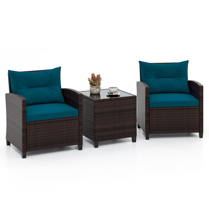 3 Pieces Rattan Patio Furniture Set with Washable Cushion, Peacock Blue Patio Conversation Sets Peacock Blue  at Gallery Canada