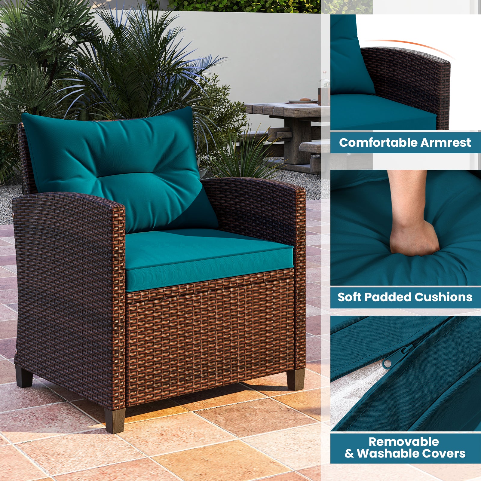 3 Pieces Rattan Patio Furniture Set with Washable Cushion, Peacock Blue Patio Conversation Sets   at Gallery Canada