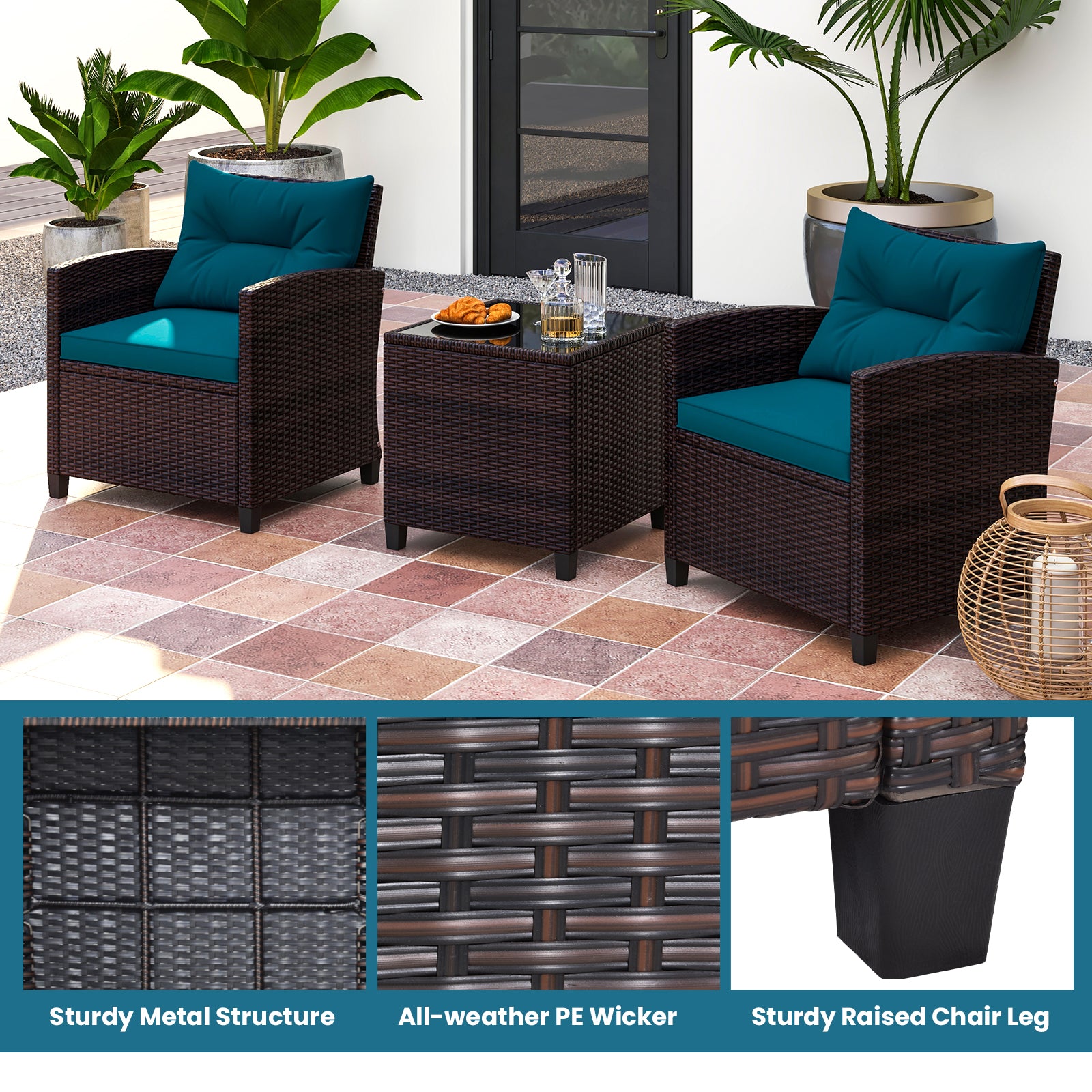 3 Pieces Rattan Patio Furniture Set with Washable Cushion, Peacock Blue Patio Conversation Sets   at Gallery Canada