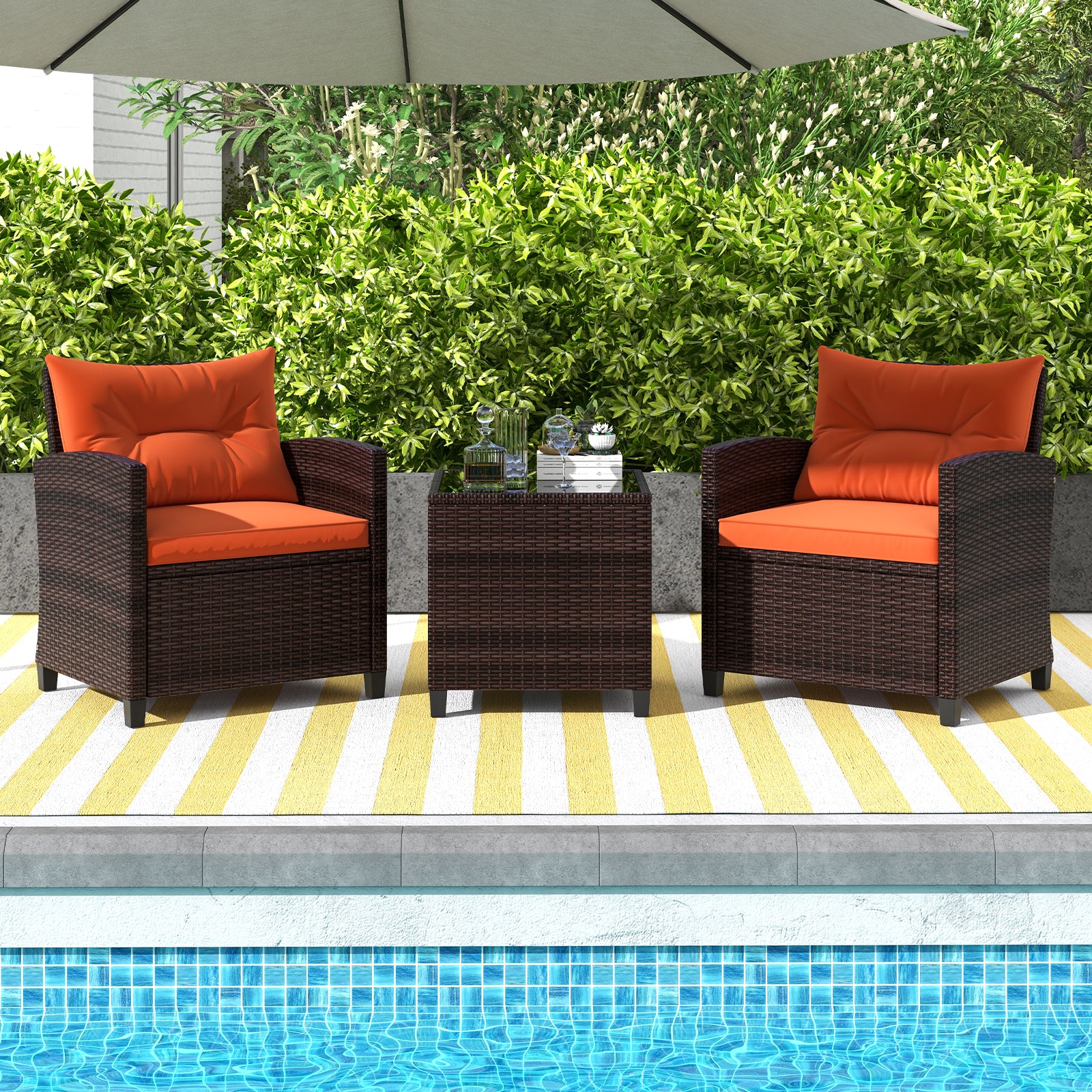 3 Pieces Rattan Patio Furniture Set with Washable Cushion, Orange Patio Conversation Sets   at Gallery Canada