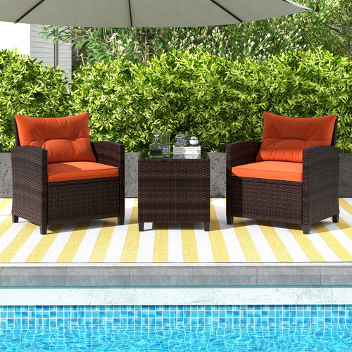 3 Pieces Rattan Patio Furniture Set with Washable Cushion, Orange