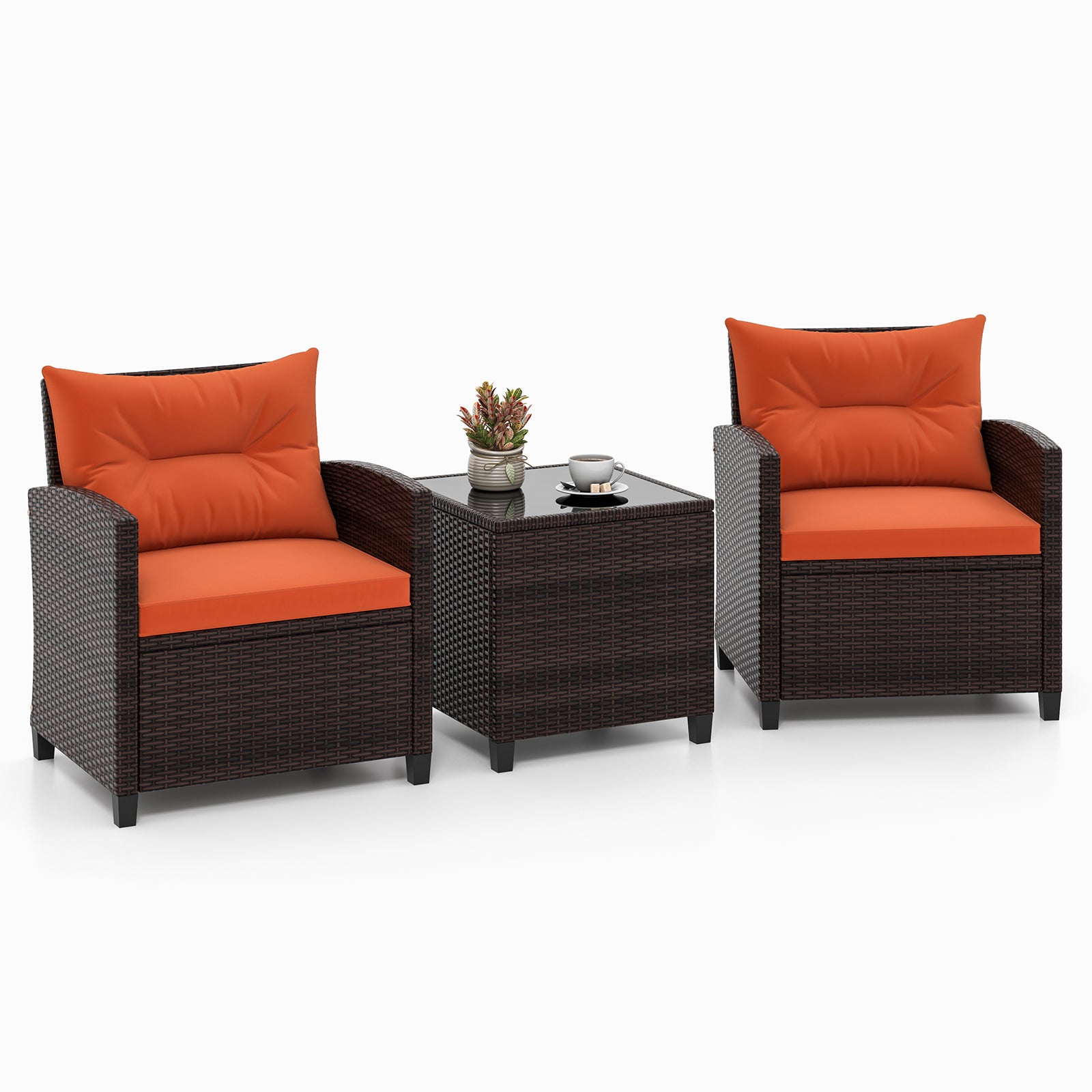 3 Pieces Rattan Patio Furniture Set with Washable Cushion, Orange Patio Conversation Sets Orange  at Gallery Canada