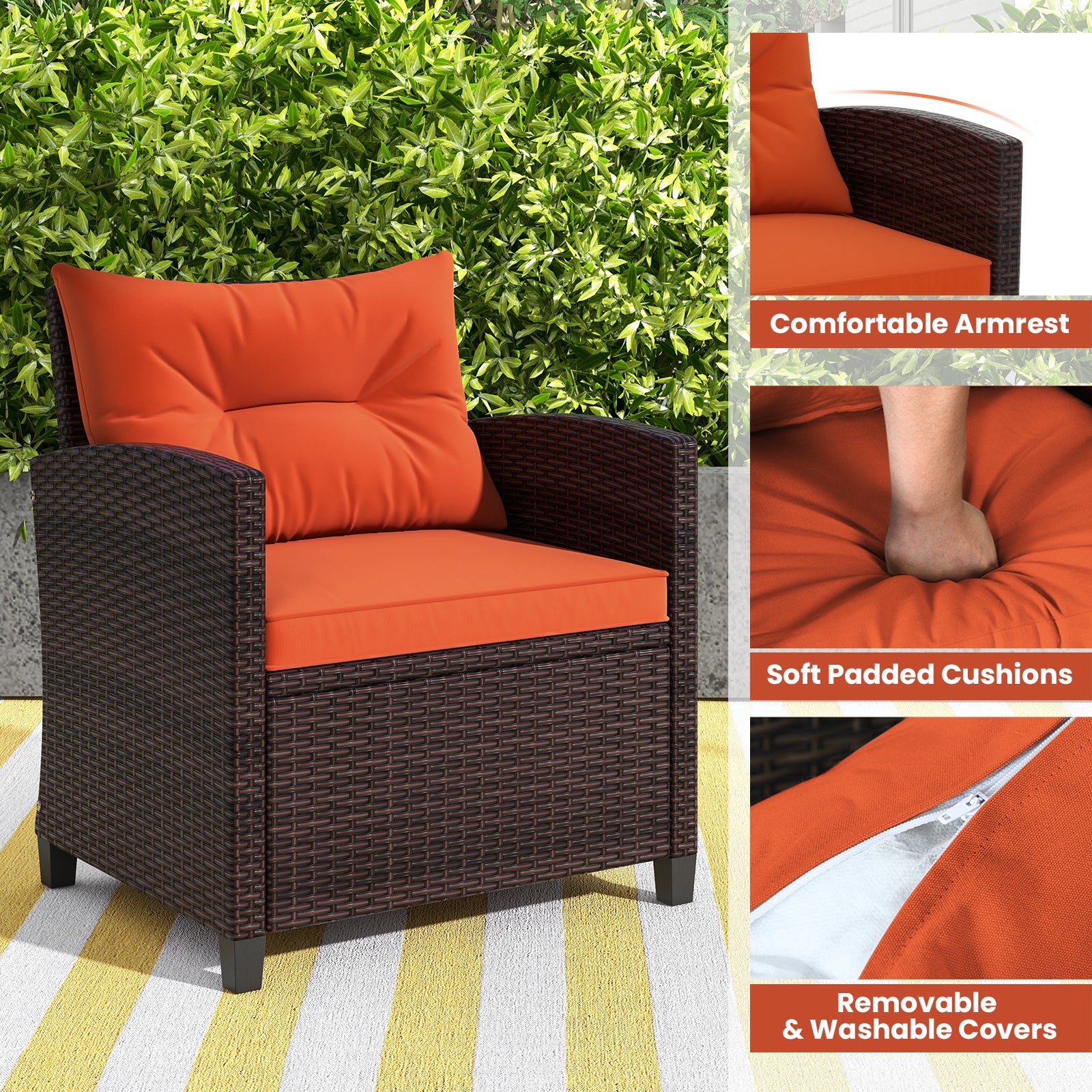 3 Pieces Rattan Patio Furniture Set with Washable Cushion, Orange Patio Conversation Sets   at Gallery Canada