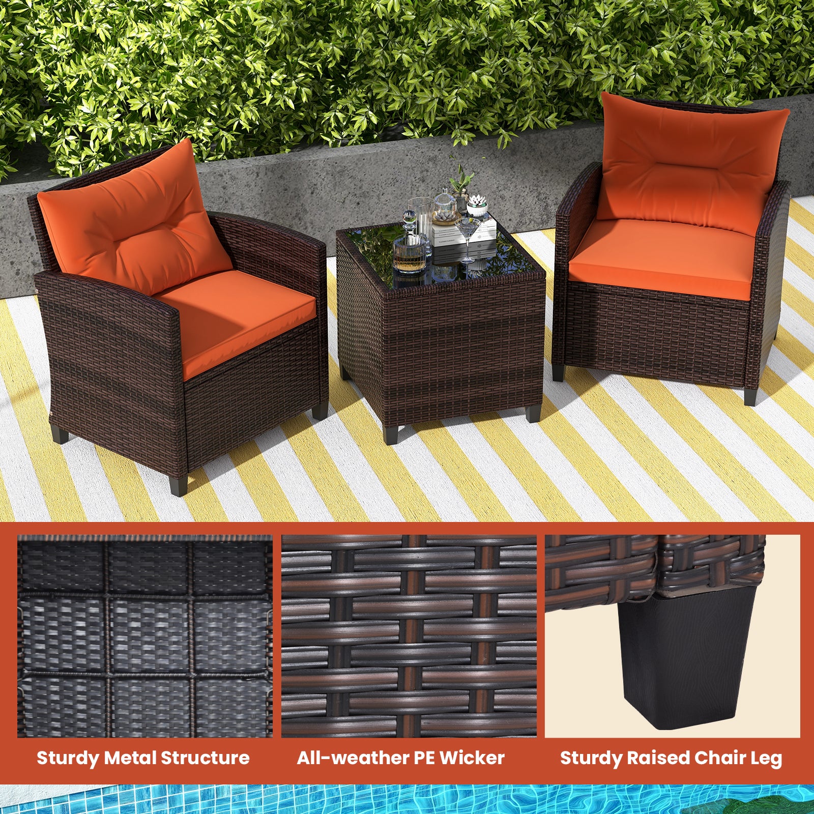 3 Pieces Rattan Patio Furniture Set with Washable Cushion, Orange Patio Conversation Sets   at Gallery Canada