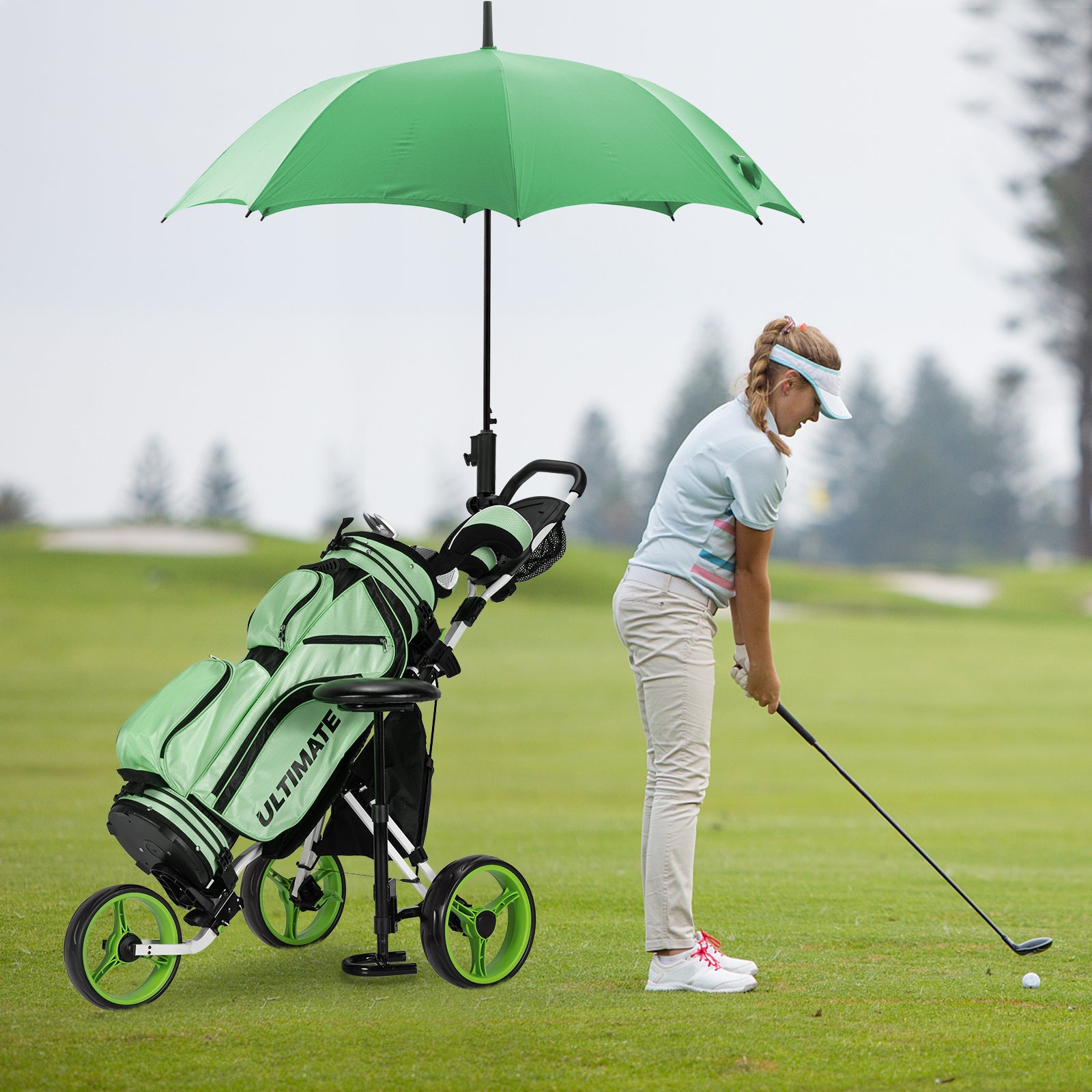 3 Wheels Folding Golf Push Cart with Seat Scoreboard and Adjustable Handle, Green Golf at Gallery Canada