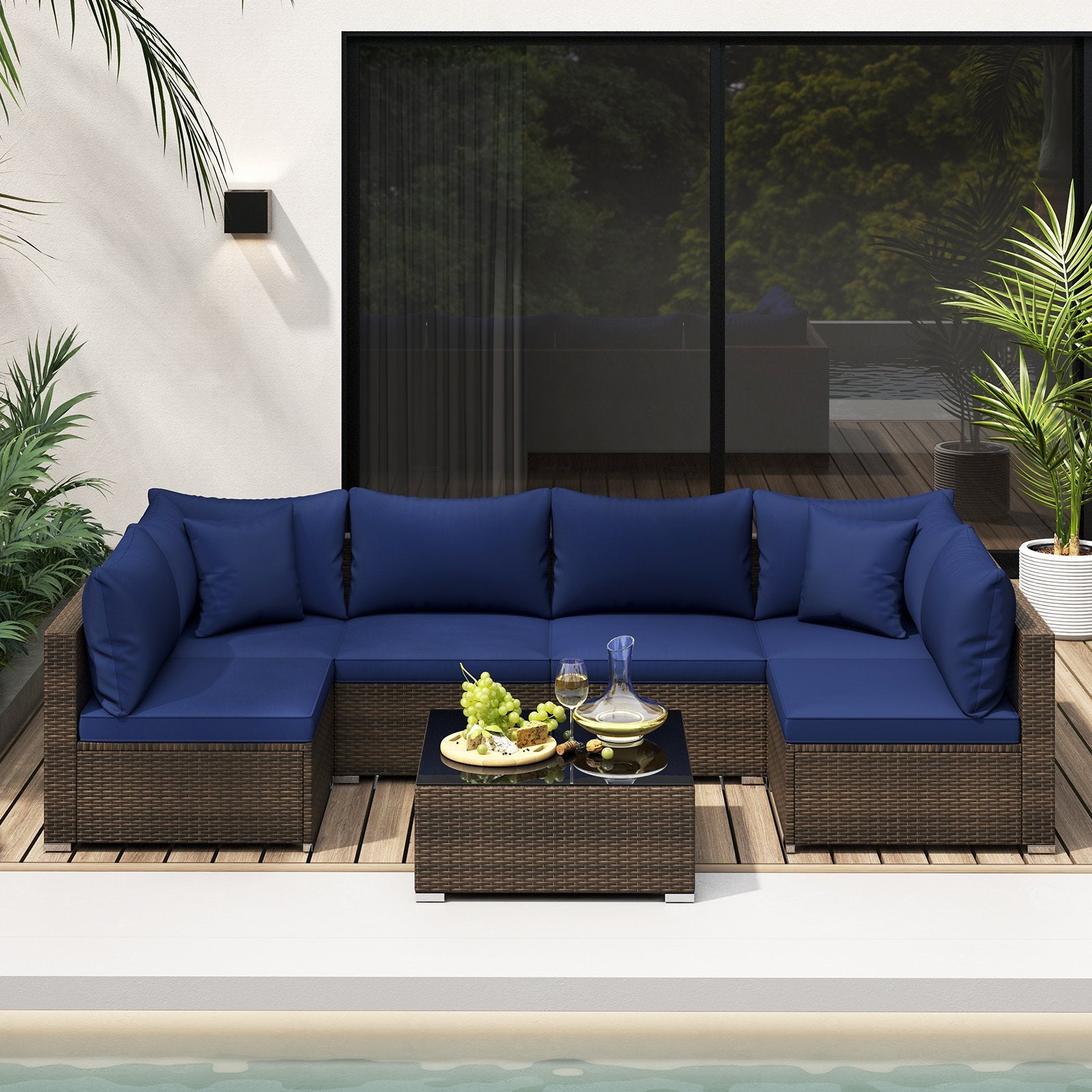 7 Pieces Patio Rattan Furniture Set with Sectional Sofa Cushions, Navy Outdoor Sectionals   at Gallery Canada