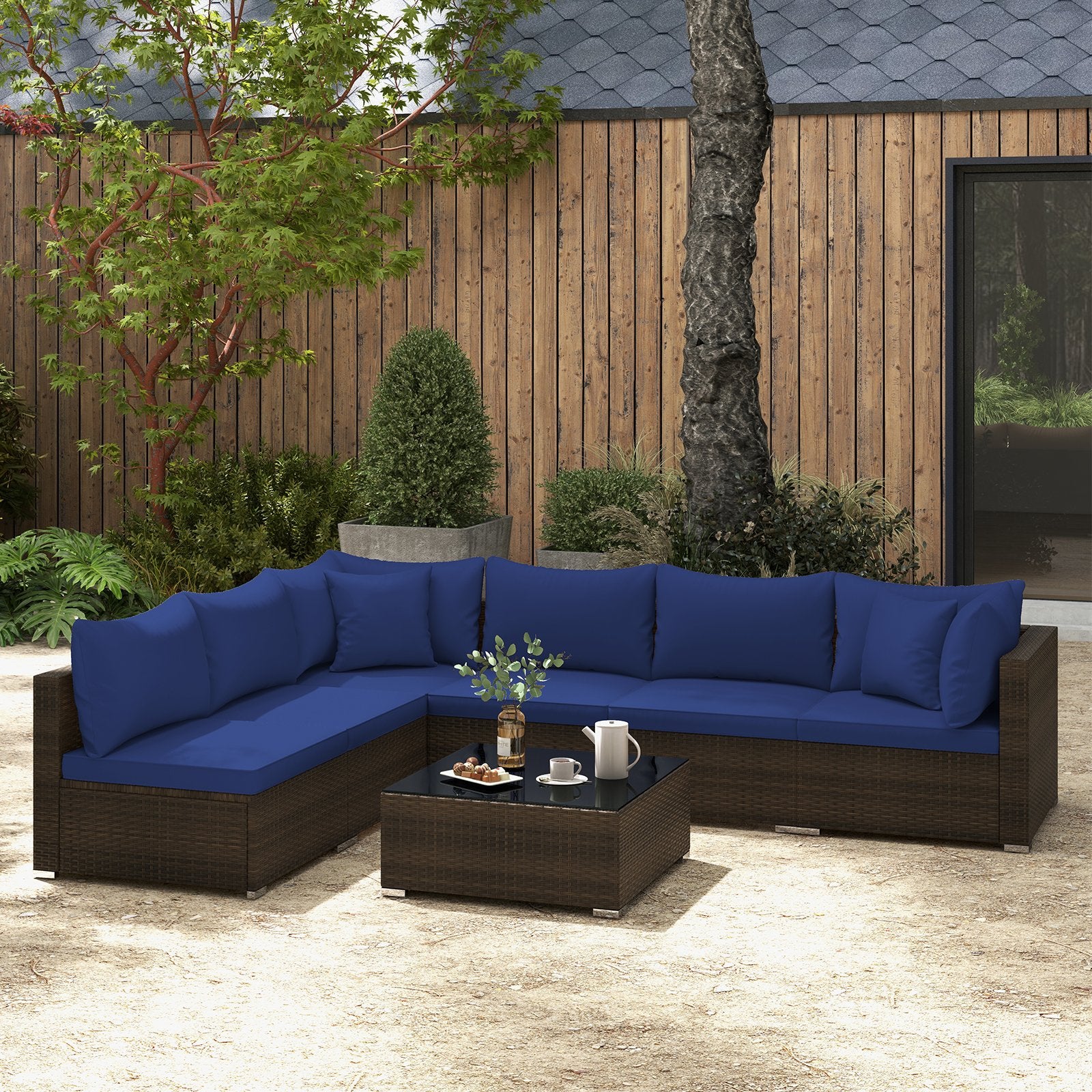 7 Pieces Patio Rattan Furniture Set with Sectional Sofa Cushions, Navy Outdoor Sectionals   at Gallery Canada