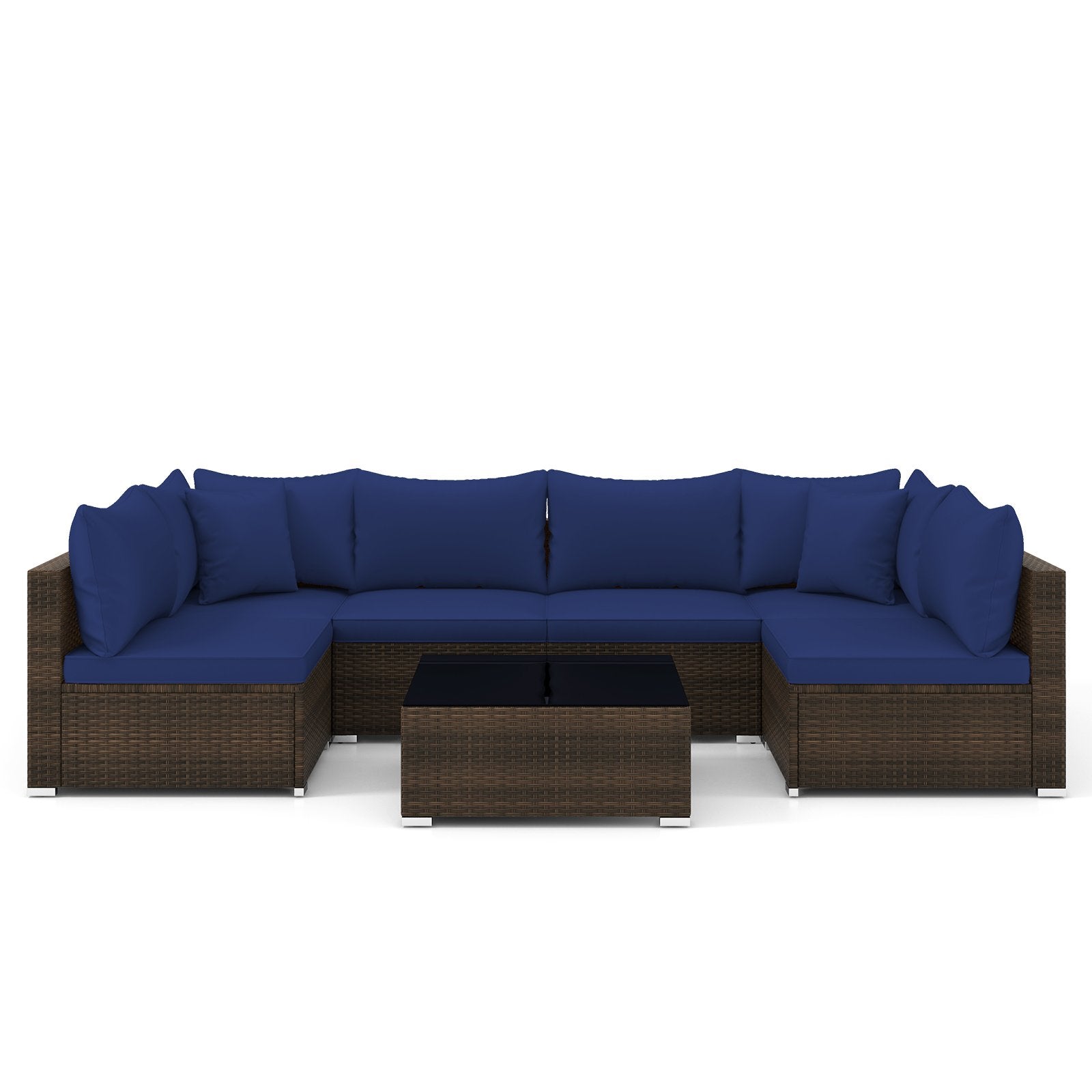 7 Pieces Patio Rattan Furniture Set with Sectional Sofa Cushions, Navy Outdoor Sectionals Navy  at Gallery Canada