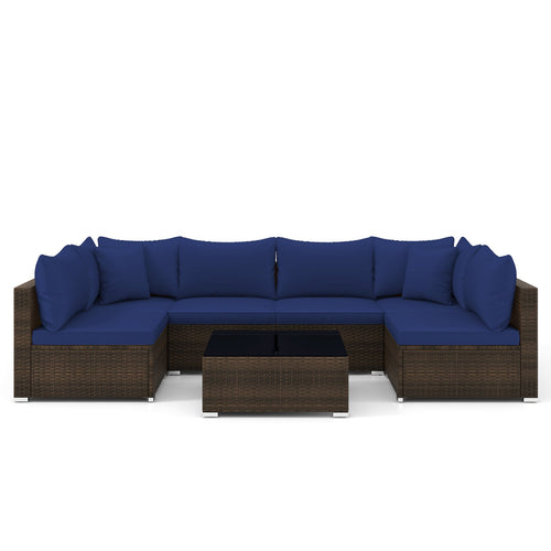 7 Pieces Patio Rattan Furniture Set with Sectional Sofa Cushions, Navy