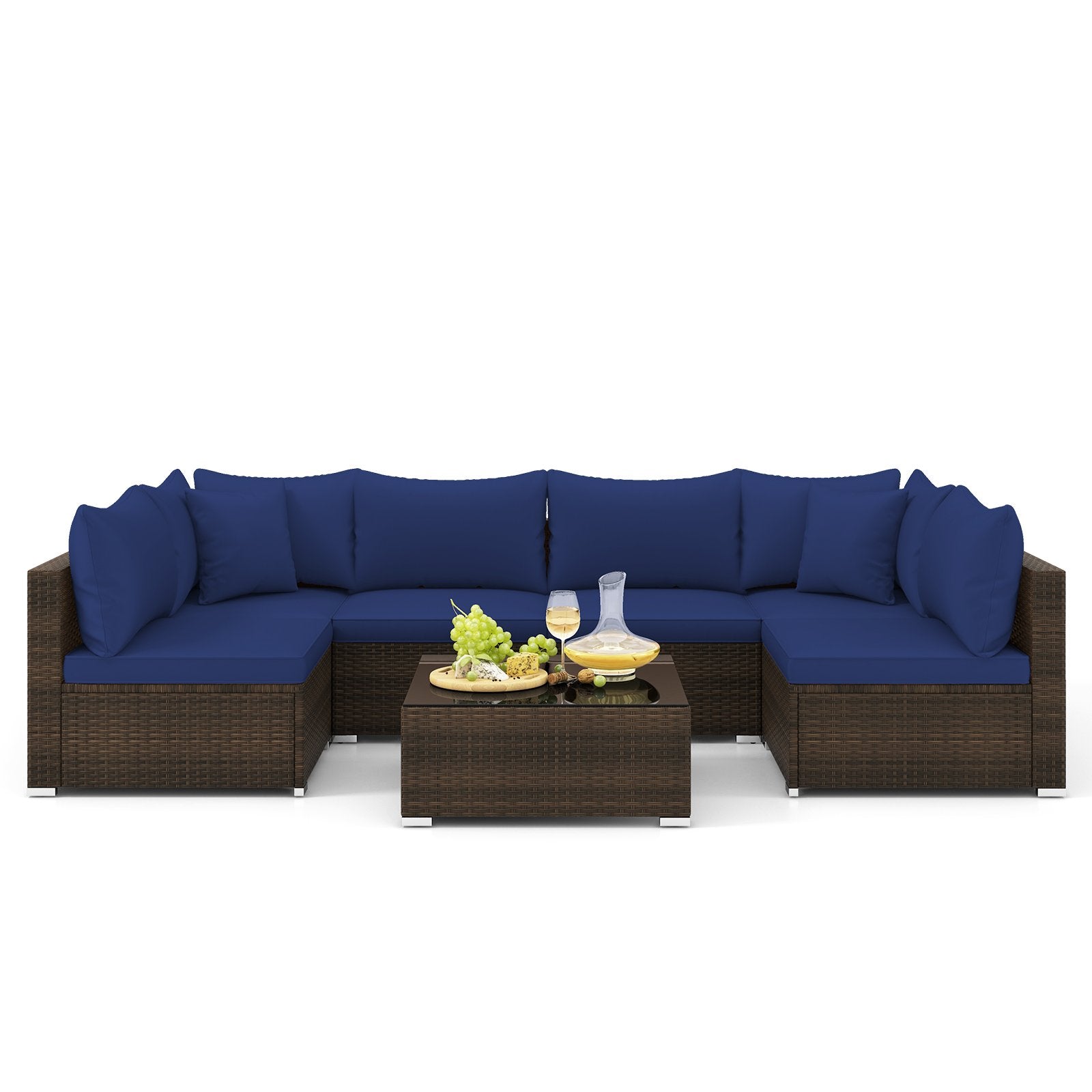 7 Pieces Patio Rattan Furniture Set with Sectional Sofa Cushions, Navy Outdoor Sectionals   at Gallery Canada