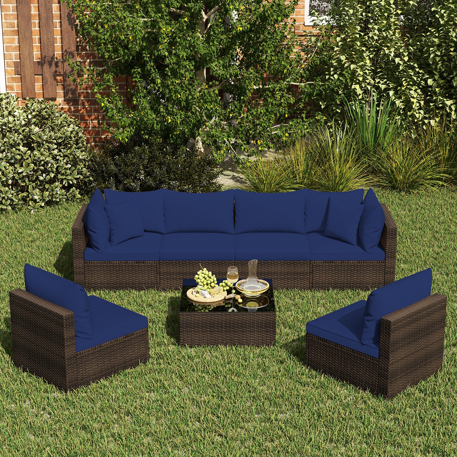 7 Pieces Patio Rattan Furniture Set with Sectional Sofa Cushions, Navy Outdoor Sectionals   at Gallery Canada