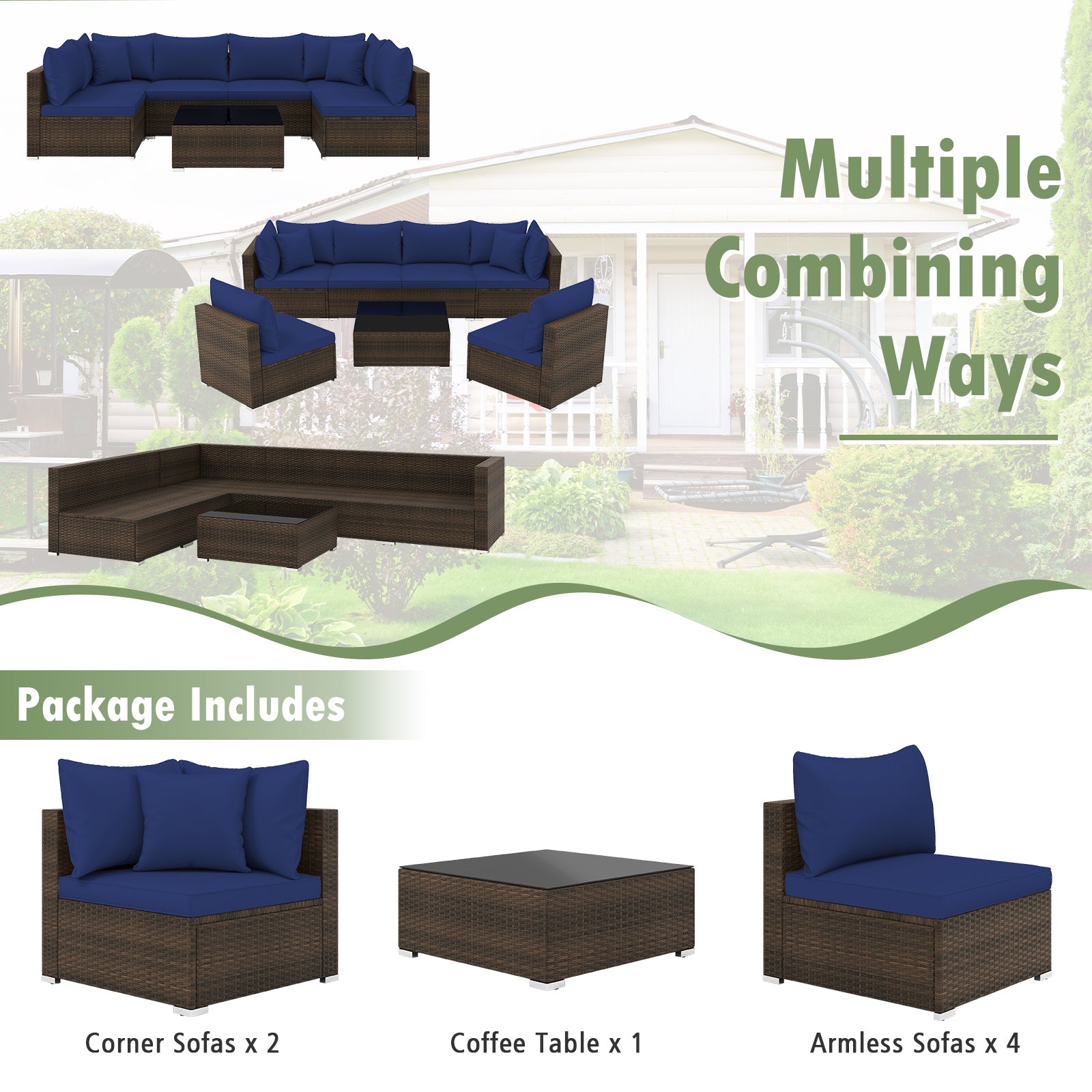 7 Pieces Patio Rattan Furniture Set with Sectional Sofa Cushions, Navy Outdoor Sectionals   at Gallery Canada