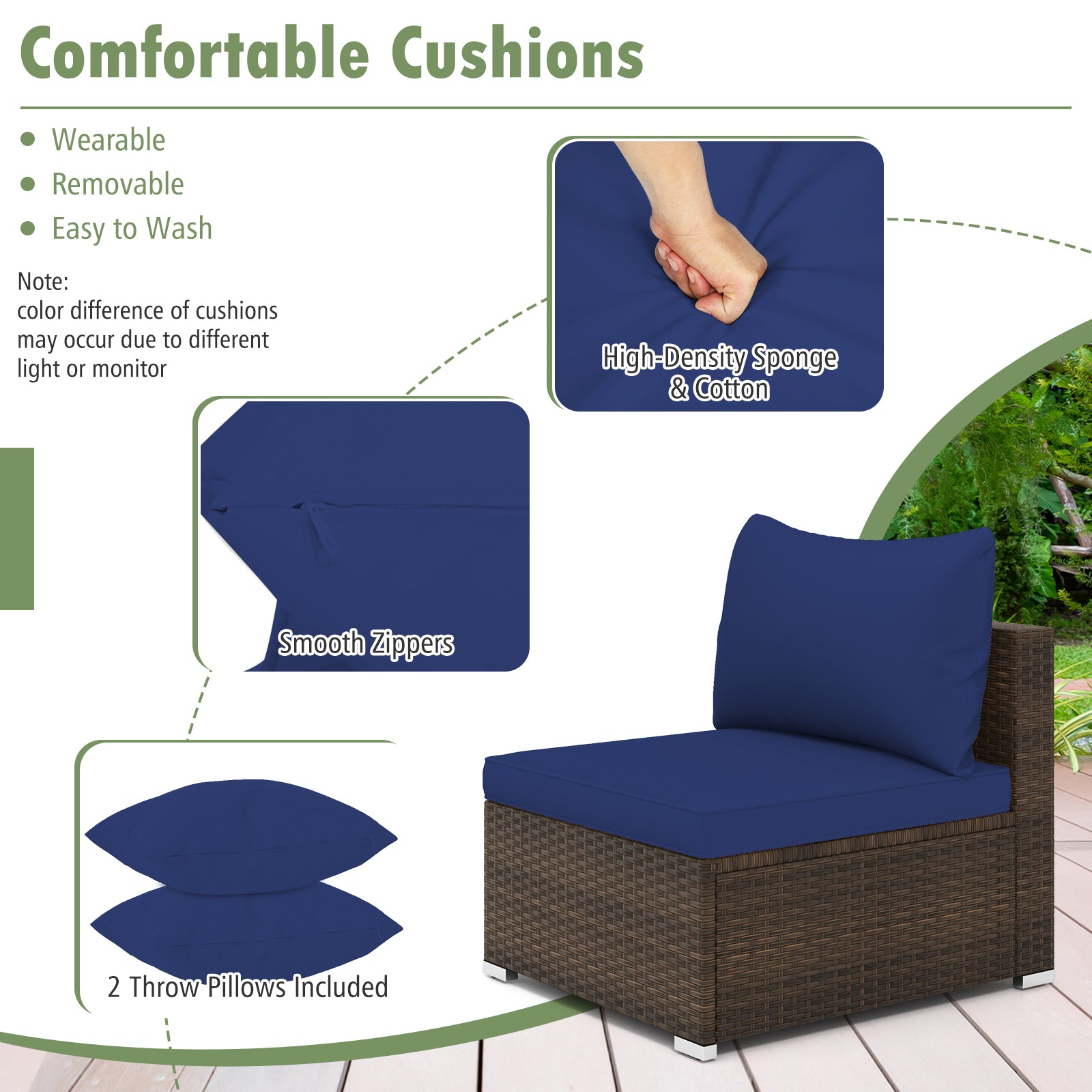 7 Pieces Patio Rattan Furniture Set with Sectional Sofa Cushions, Navy Outdoor Sectionals   at Gallery Canada