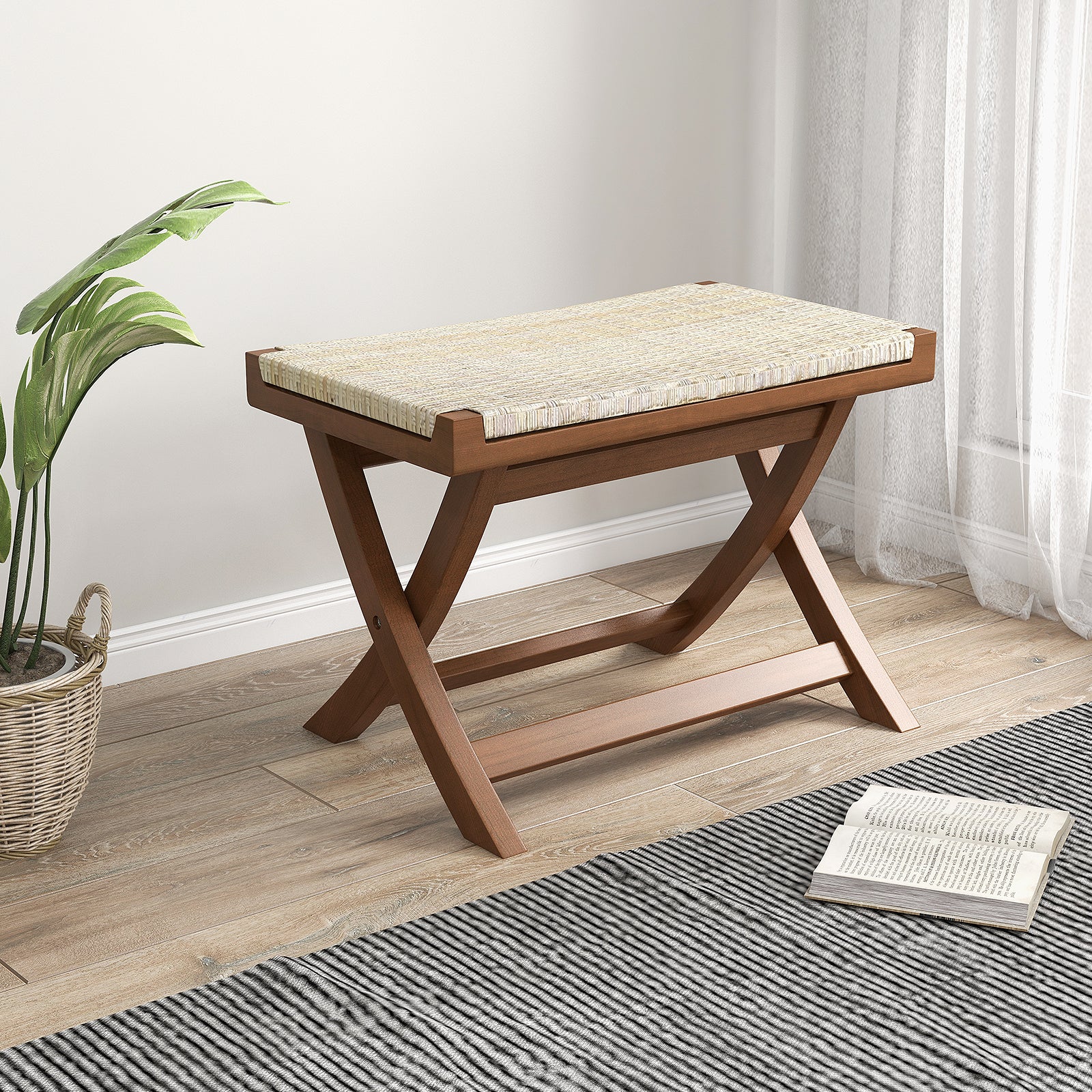 Folding Natural Rattan Ottoman with Hand-woven Seat, Beige Ottomans at Gallery Canada