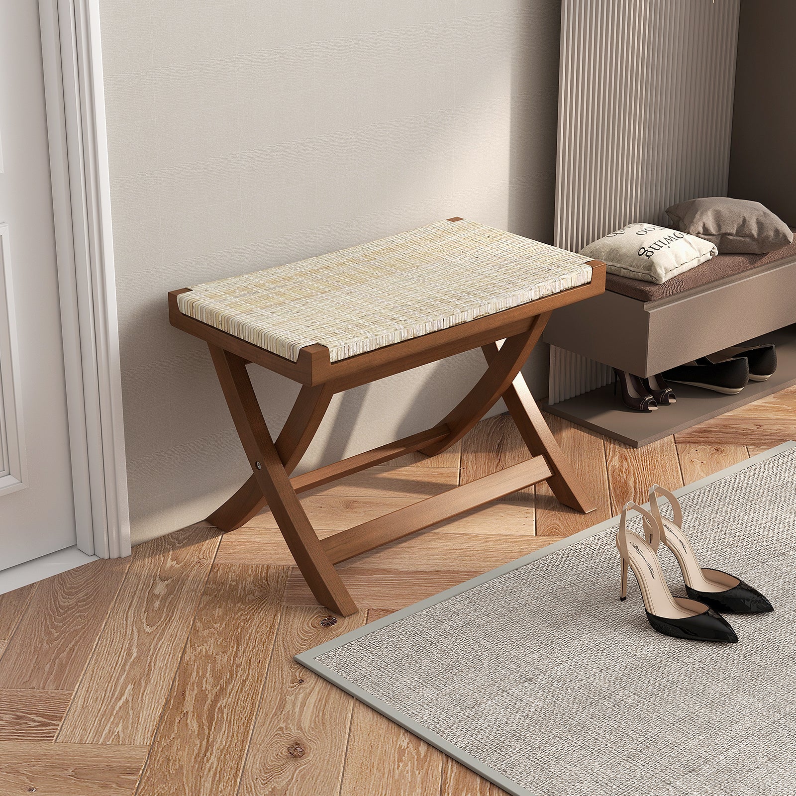 Folding Natural Rattan Ottoman with Hand-woven Seat, Beige Ottomans at Gallery Canada