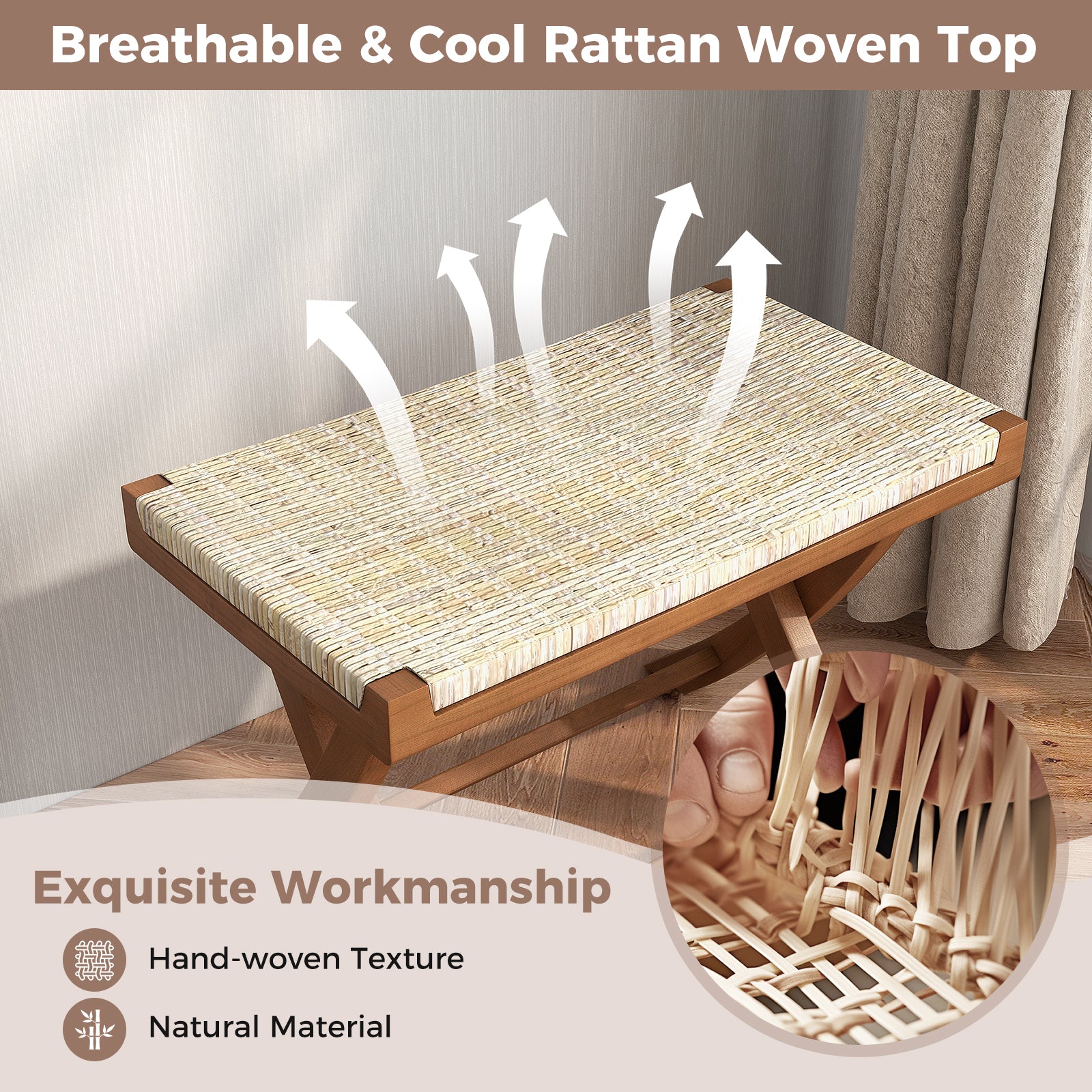 Folding Natural Rattan Ottoman with Hand-woven Seat, Beige Ottomans at Gallery Canada