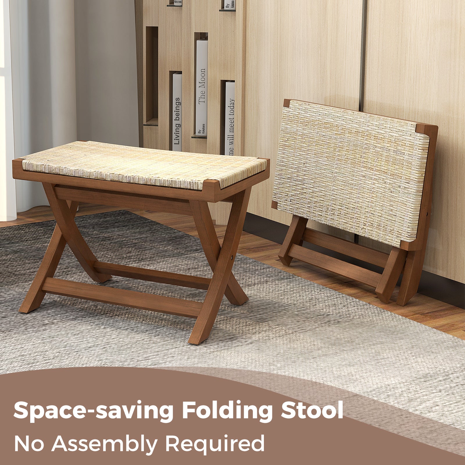 Folding Natural Rattan Ottoman with Hand-woven Seat, Beige Ottomans at Gallery Canada