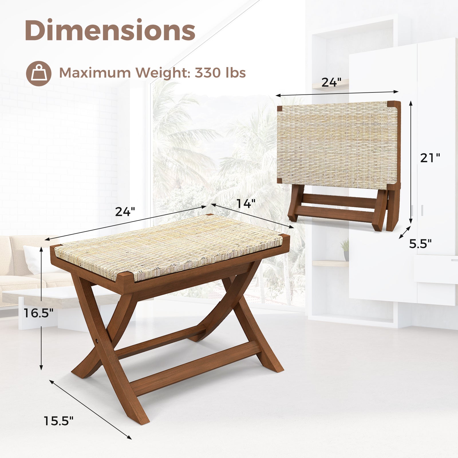 Folding Natural Rattan Ottoman with Hand-woven Seat, Beige Ottomans at Gallery Canada