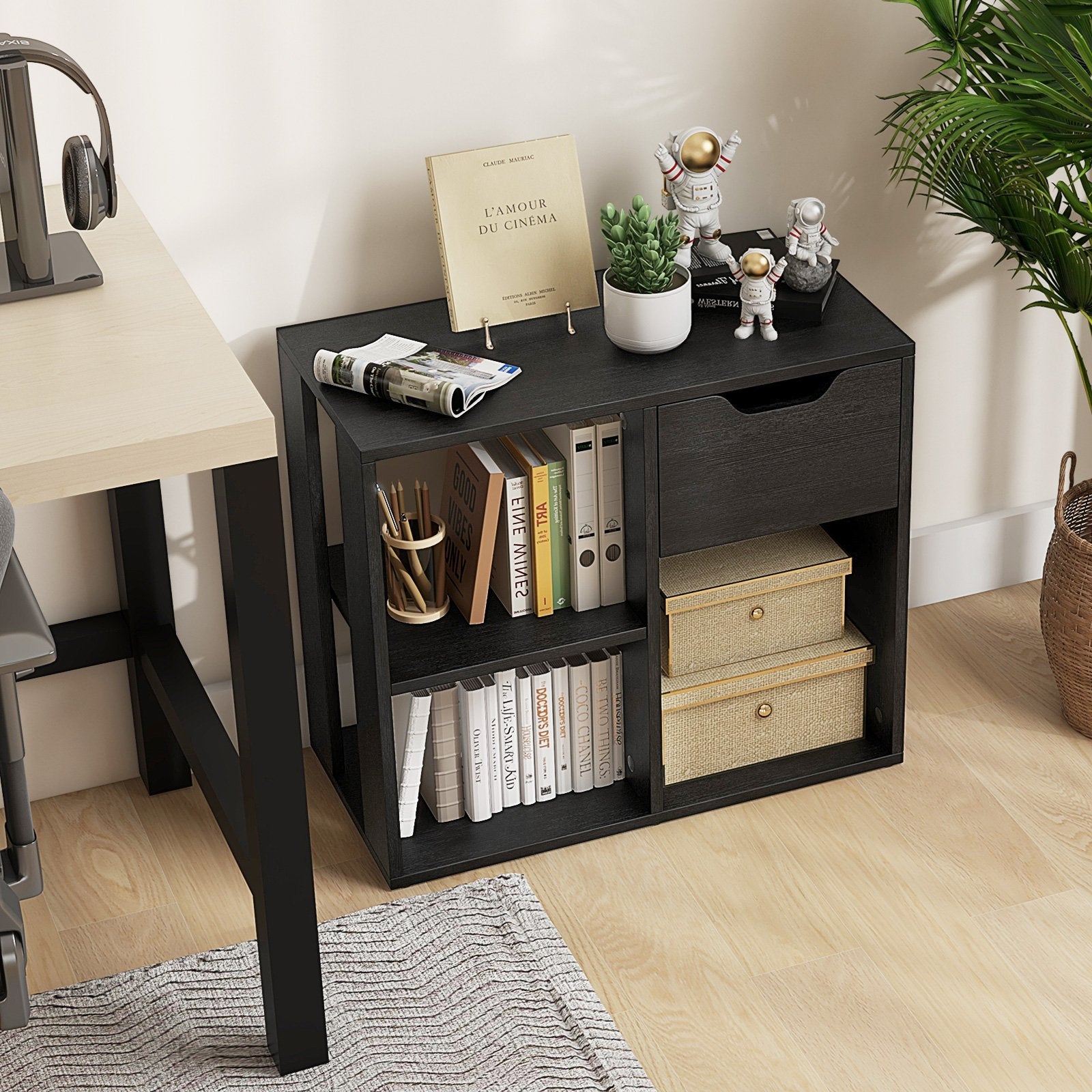 3-Cube Bookcase 2-tier Wooden Storage Shelf with Pull-out Drawer, Black Bookcases   at Gallery Canada