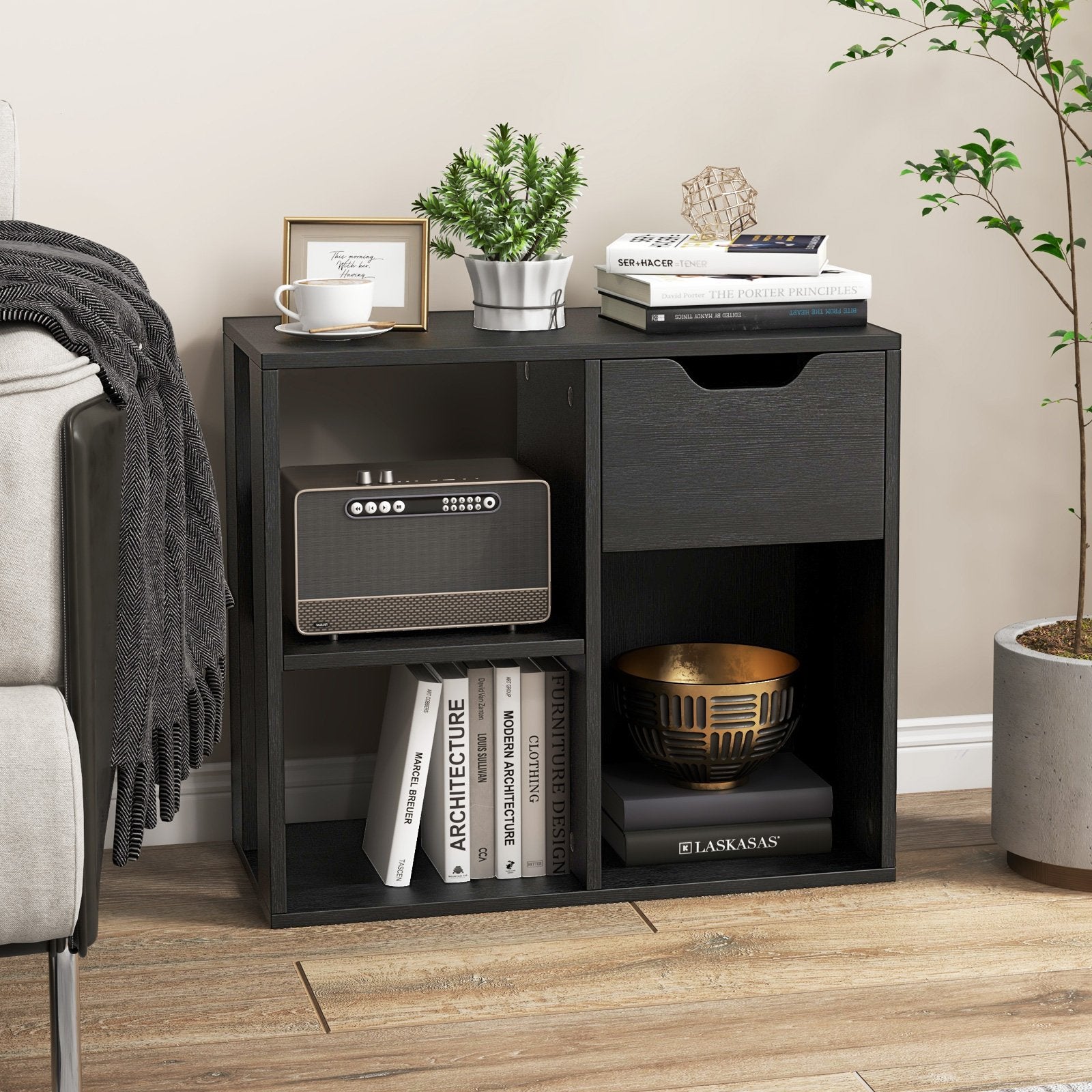 3-Cube Bookcase 2-tier Wooden Storage Shelf with Pull-out Drawer, Black Bookcases   at Gallery Canada