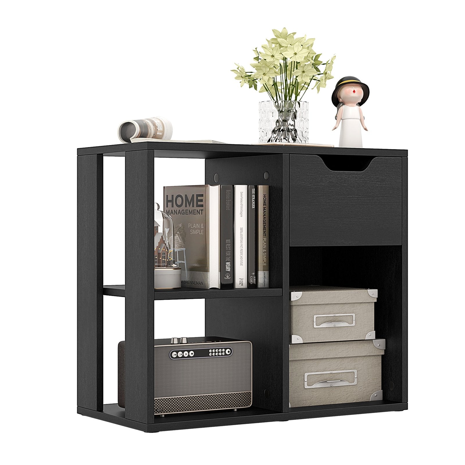 3-Cube Bookcase 2-tier Wooden Storage Shelf with Pull-out Drawer, Black Bookcases Black  at Gallery Canada