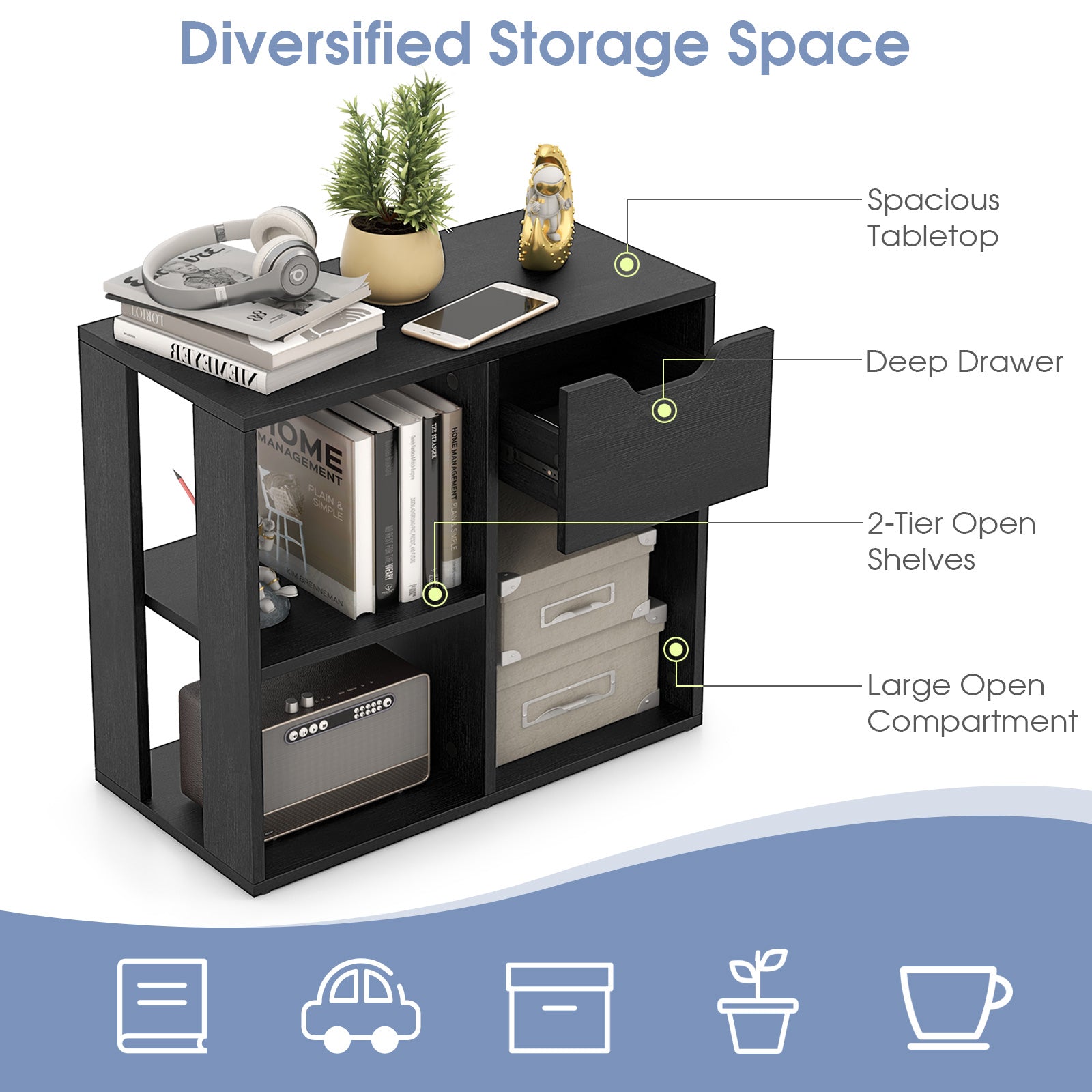 3-Cube Bookcase 2-tier Wooden Storage Shelf with Pull-out Drawer, Black Bookcases   at Gallery Canada