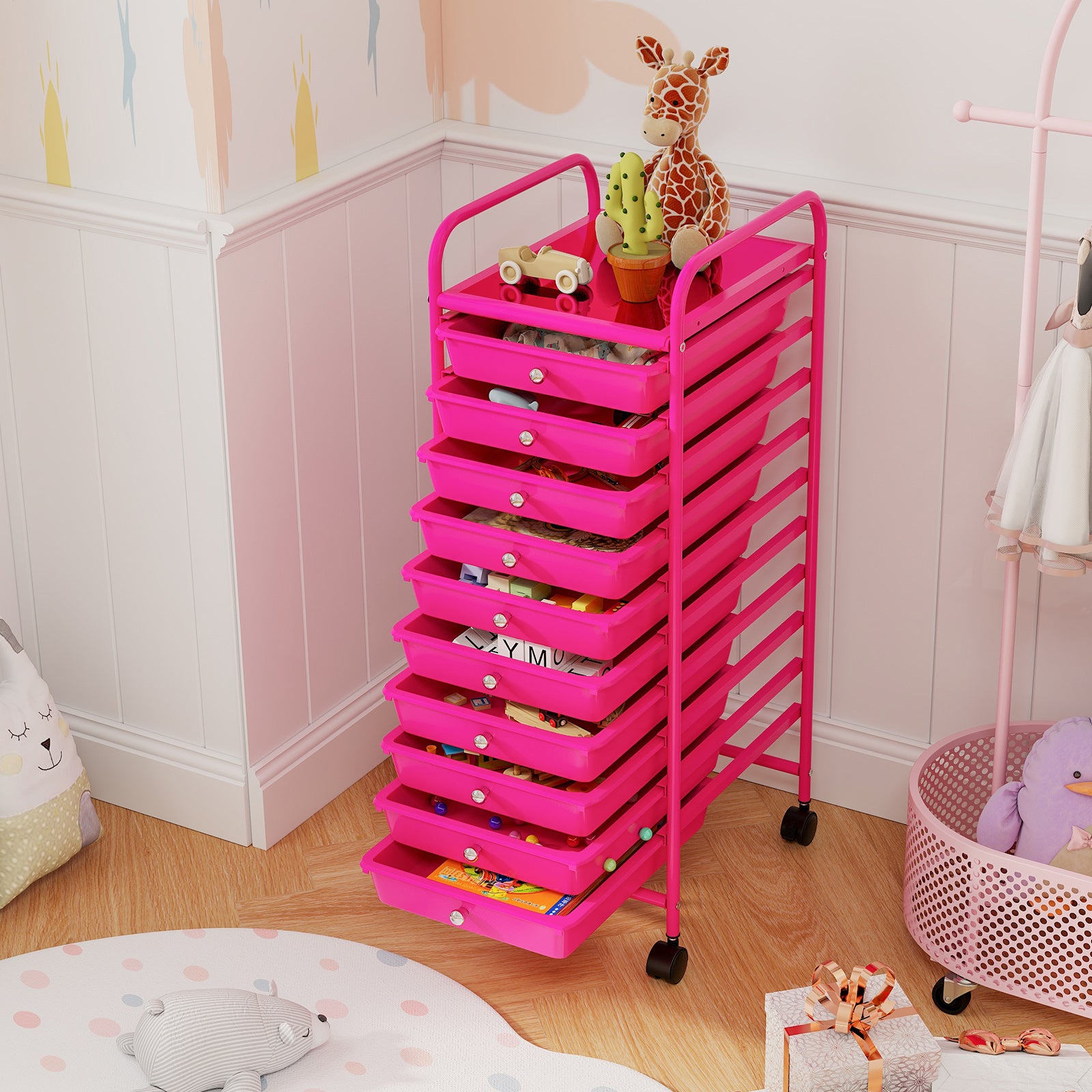 10 Drawer Rolling Storage Cart Organizer with 4 Universal Casters, Pink File Cabinets at Gallery Canada