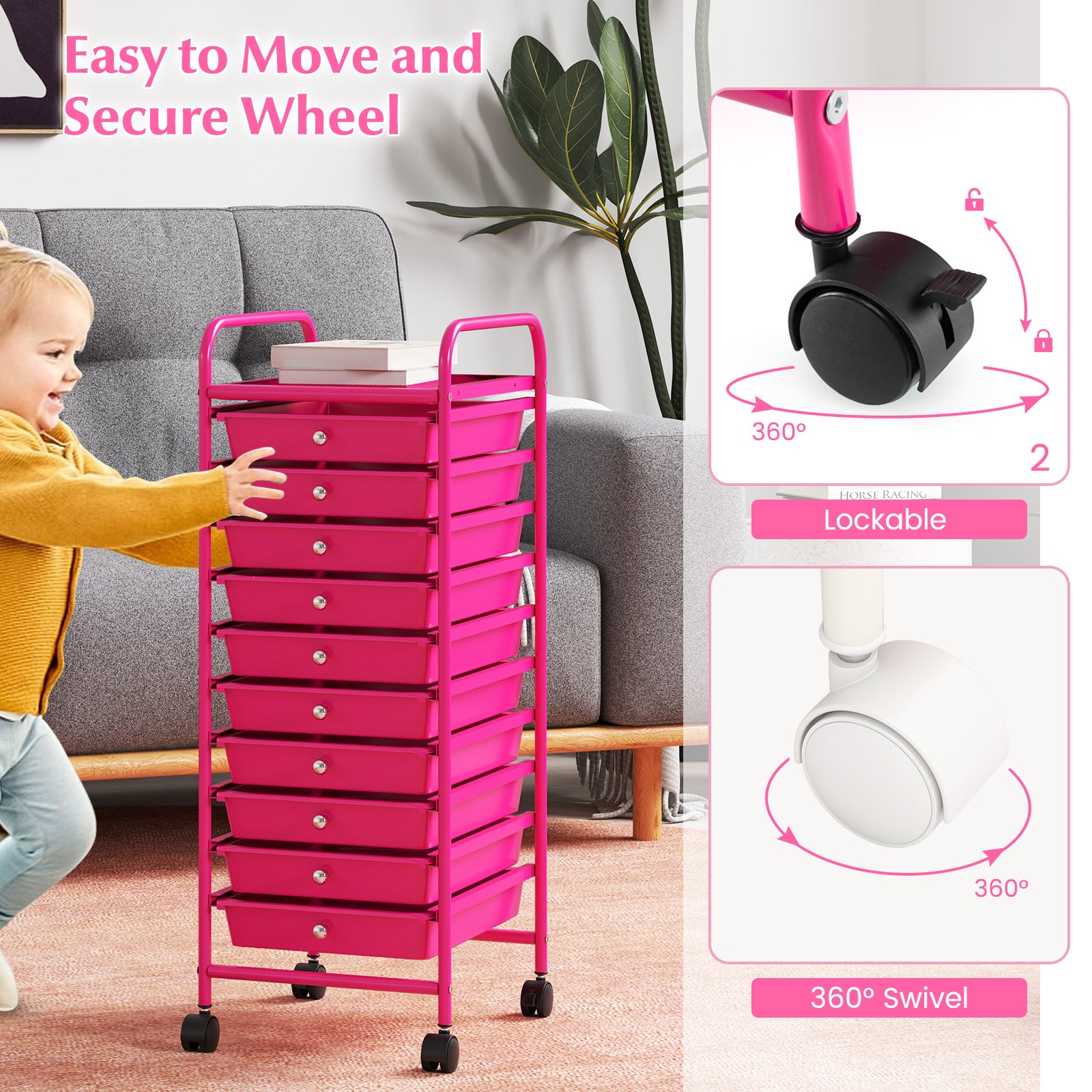 10 Drawer Rolling Storage Cart Organizer with 4 Universal Casters, Pink File Cabinets at Gallery Canada