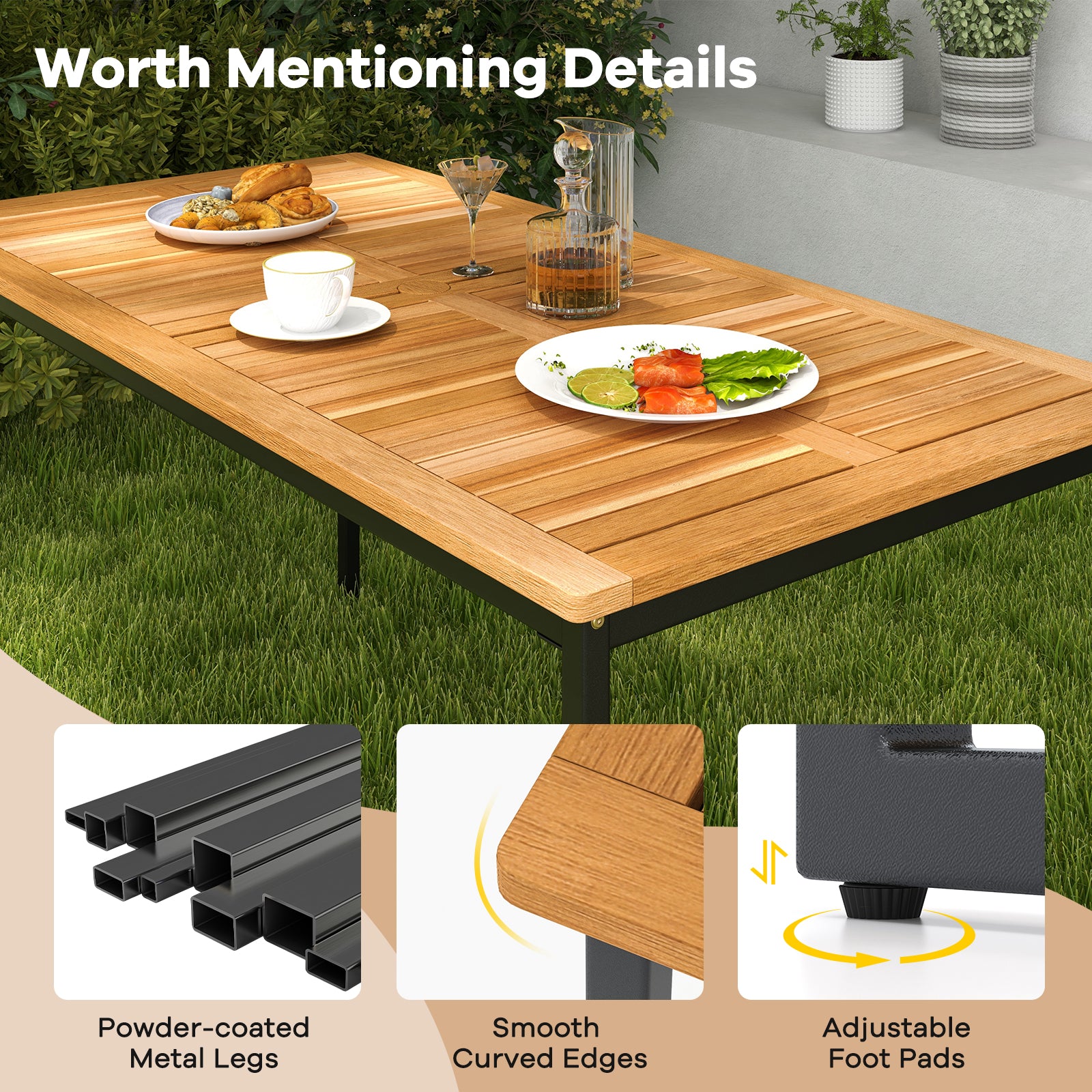 Acacia Wood Dining Table for 6 People with Slatted Tabletop and Umbrella Hole, Natural Dining Tables at Gallery Canada
