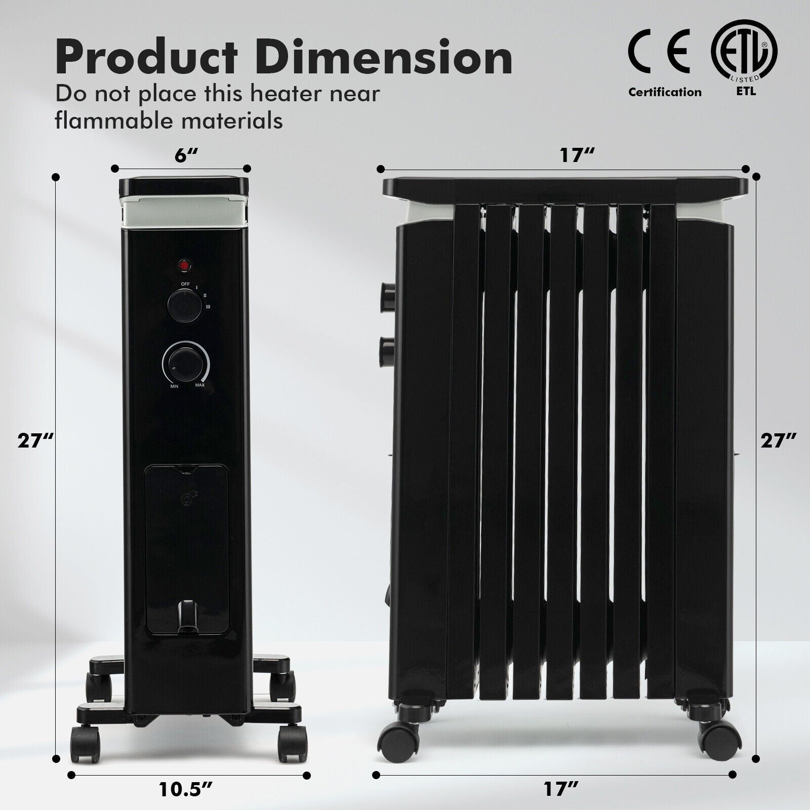 1500W Portable Oil Filled Radiator Heater with 3 Heat Settings, Black Space Heaters at Gallery Canada