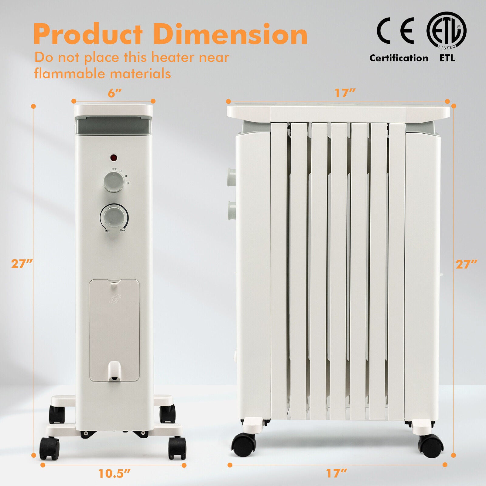 1500W Portable Oil Filled Radiator Heater with 3 Heat Settings, White Space Heaters at Gallery Canada