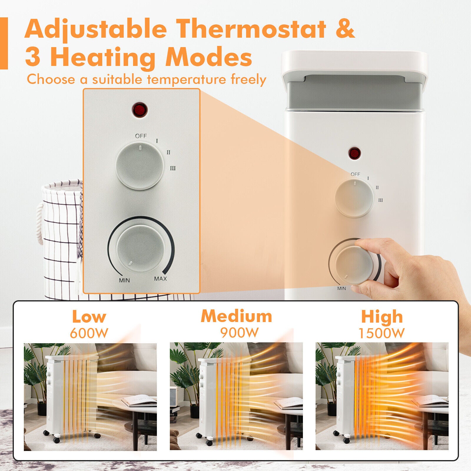 1500W Portable Oil Filled Radiator Heater with 3 Heat Settings, White Space Heaters at Gallery Canada