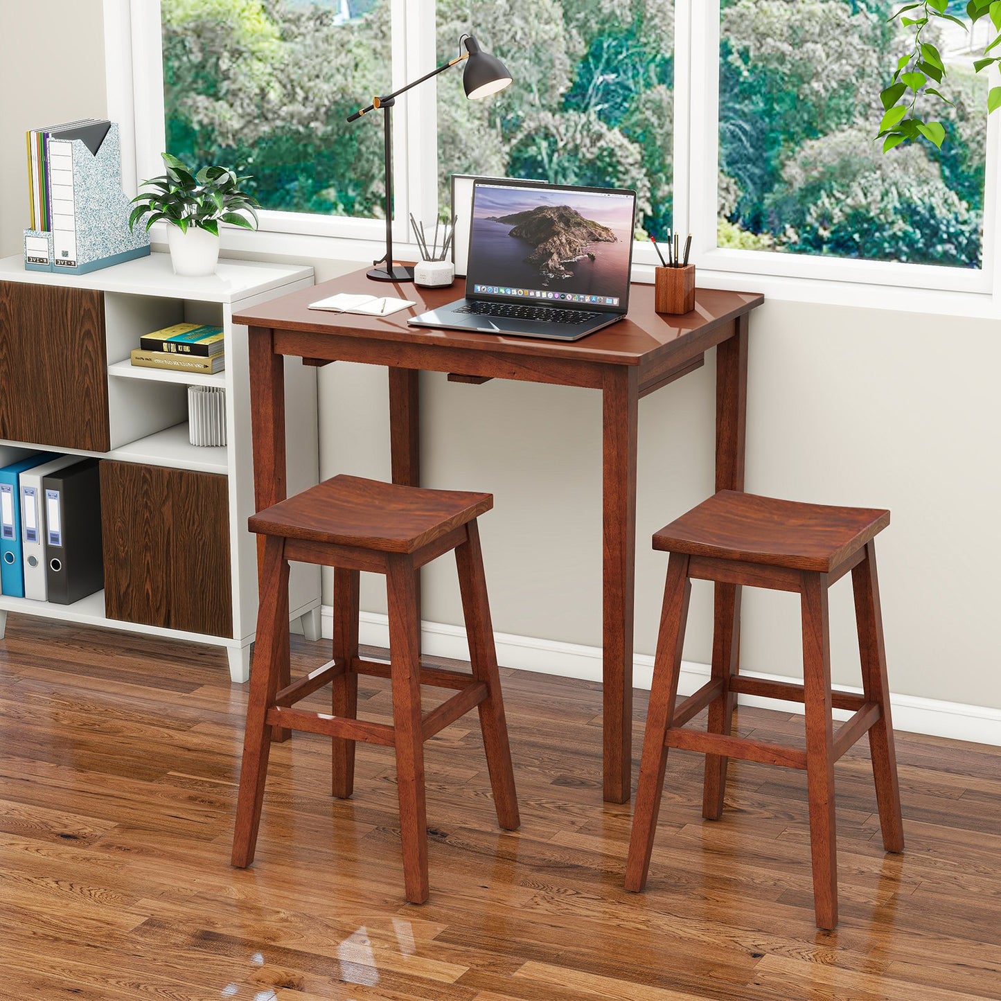 3-Piece Bar Table Set with Pub Table and 2 Saddle Stools, Espresso Dining Room Sets   at Gallery Canada