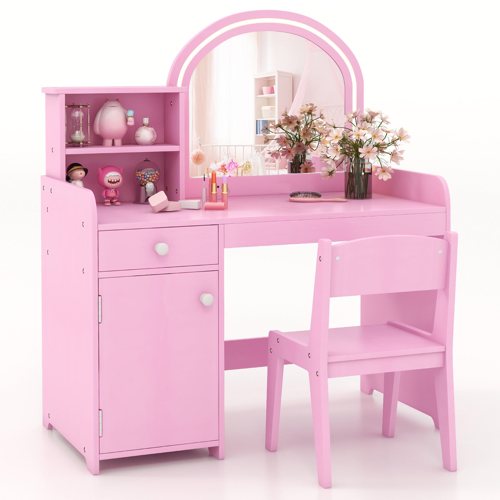 Kids Vanity Table and Chair Set with Shelves Drawer and Cabinet, Pink Kids Vanities Pink  at Gallery Canada