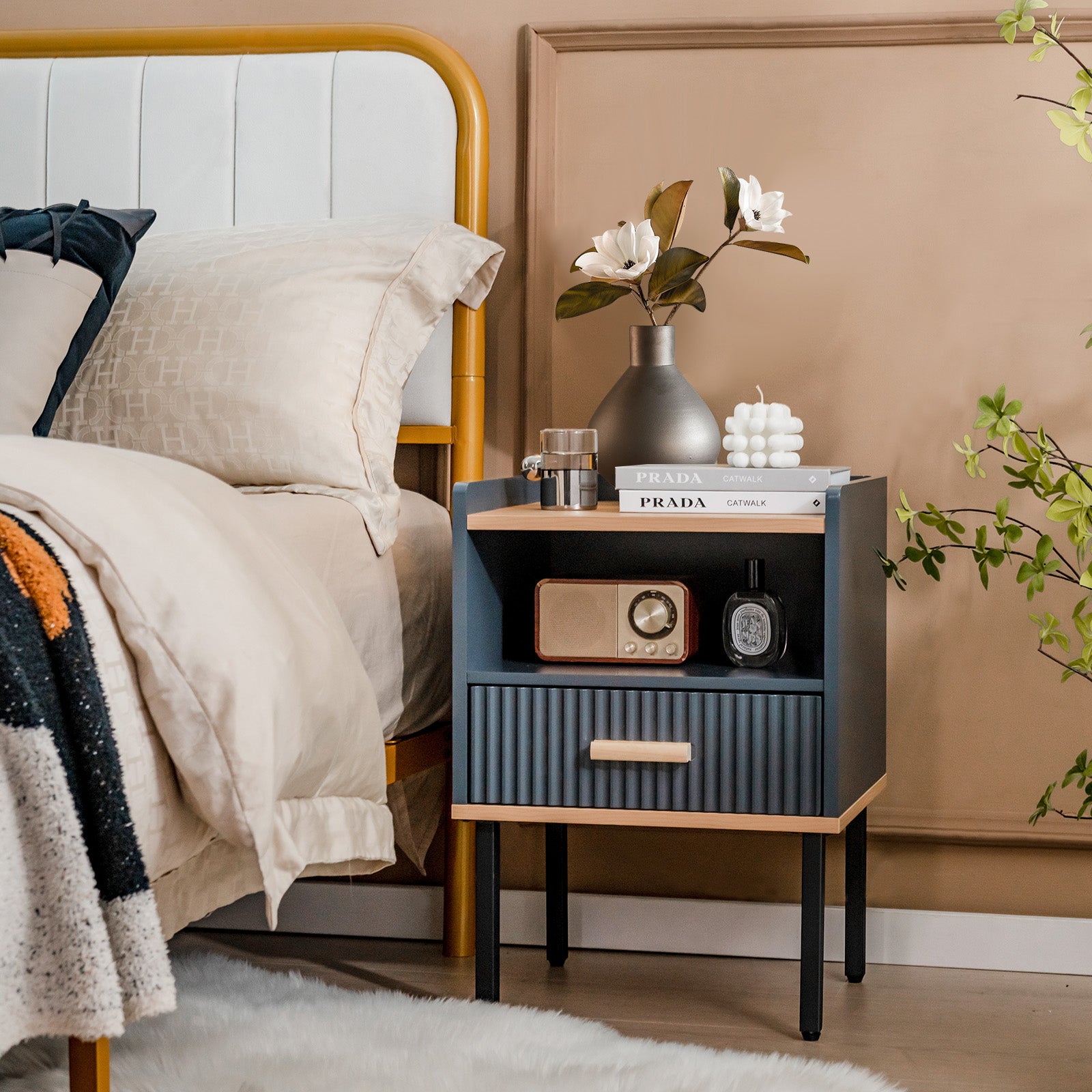 Nightstand Bedside End Table with Drawer and Open Shelf for Living Room Bedroom, Gray Nightstands at Gallery Canada