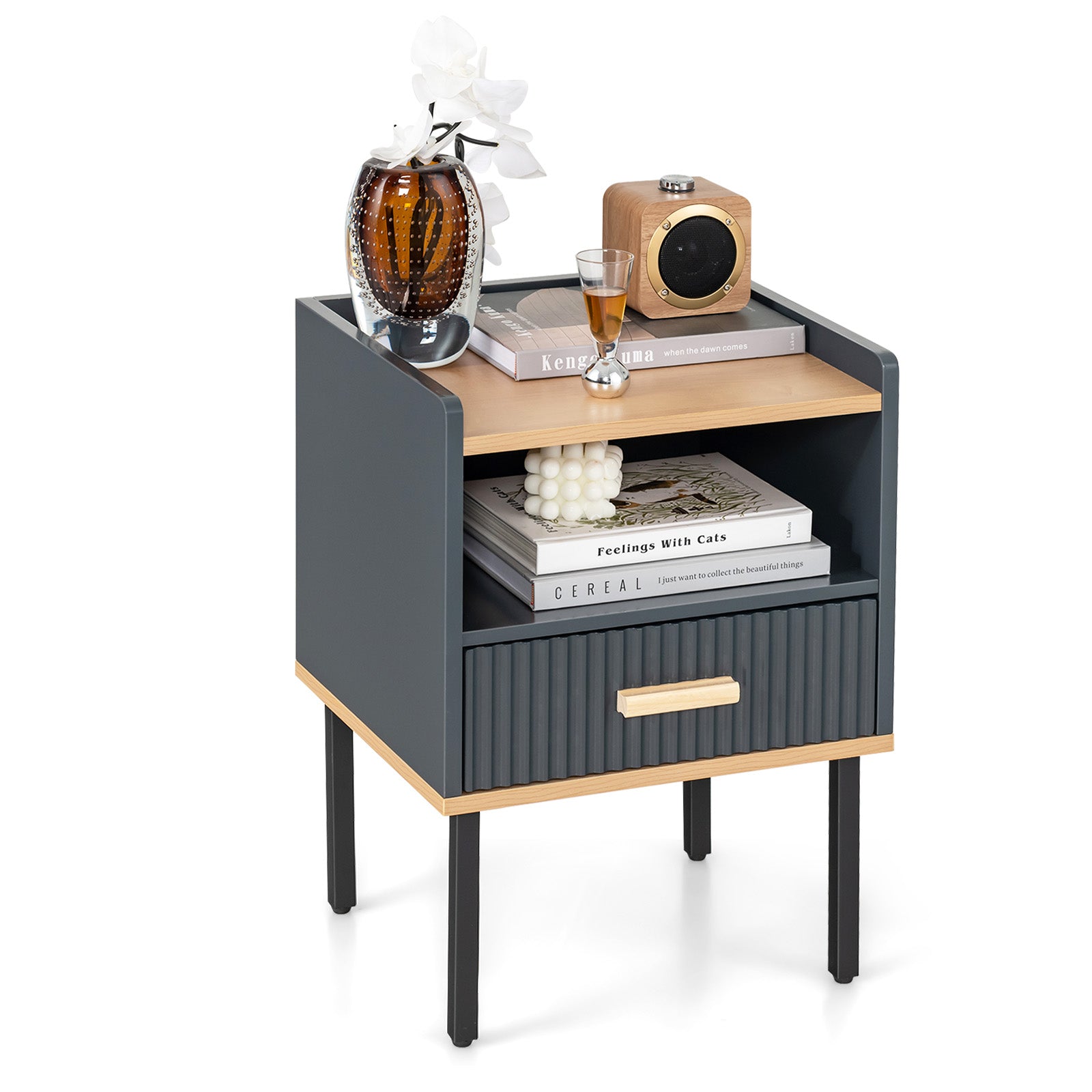 Nightstand Bedside End Table with Drawer and Open Shelf for Living Room Bedroom, Gray Nightstands at Gallery Canada