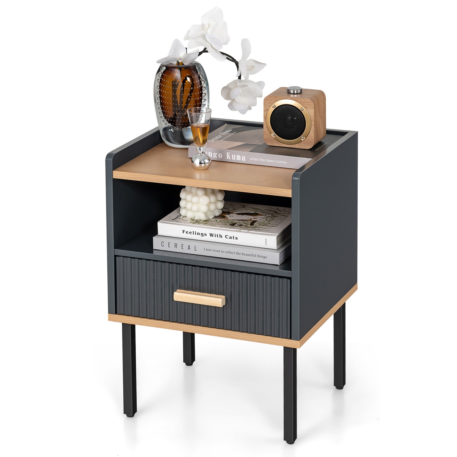 Nightstand Bedside End Table with Drawer and Open Shelf for Living Room Bedroom, Gray Nightstands at Gallery Canada