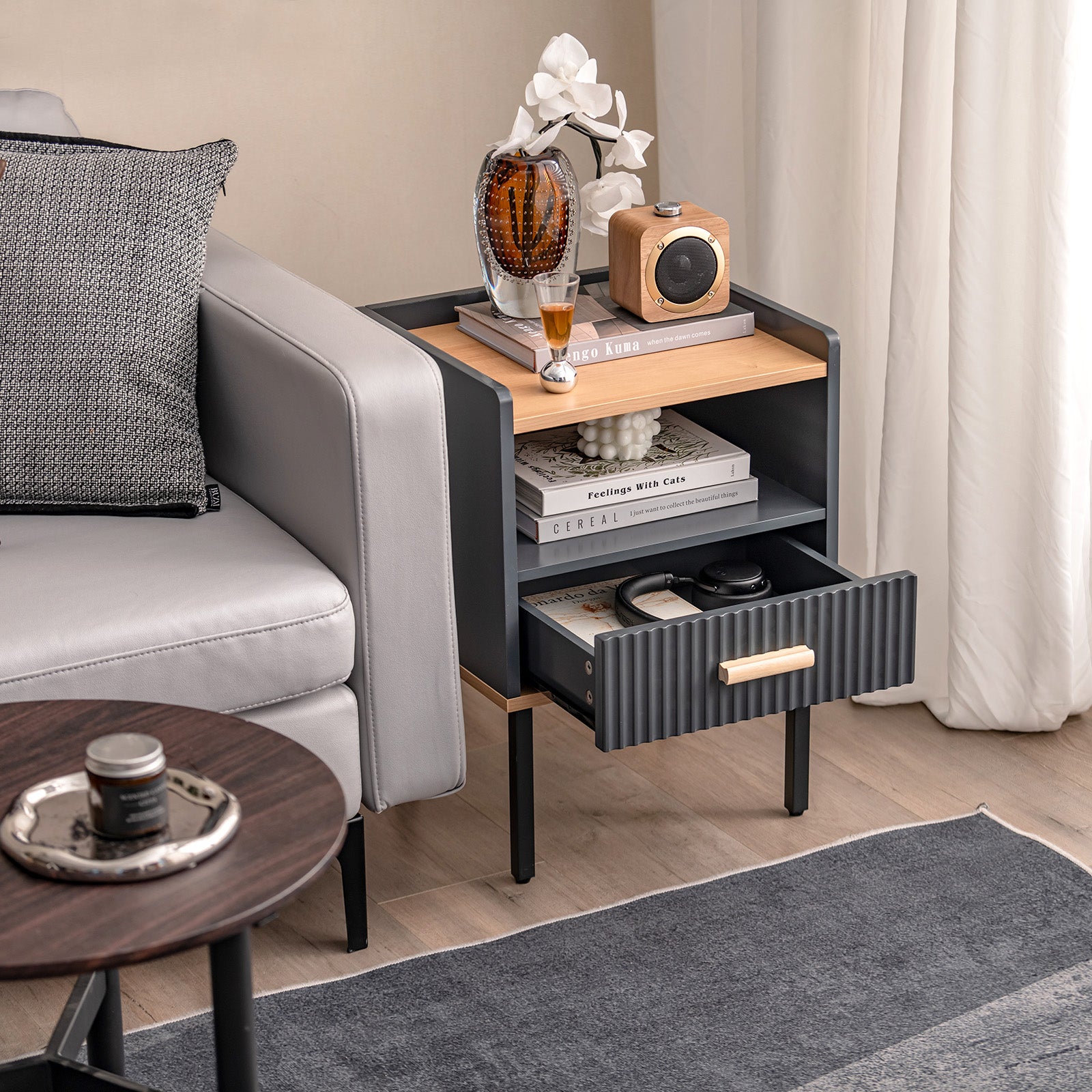 Nightstand Bedside End Table with Drawer and Open Shelf for Living Room Bedroom, Gray Nightstands at Gallery Canada